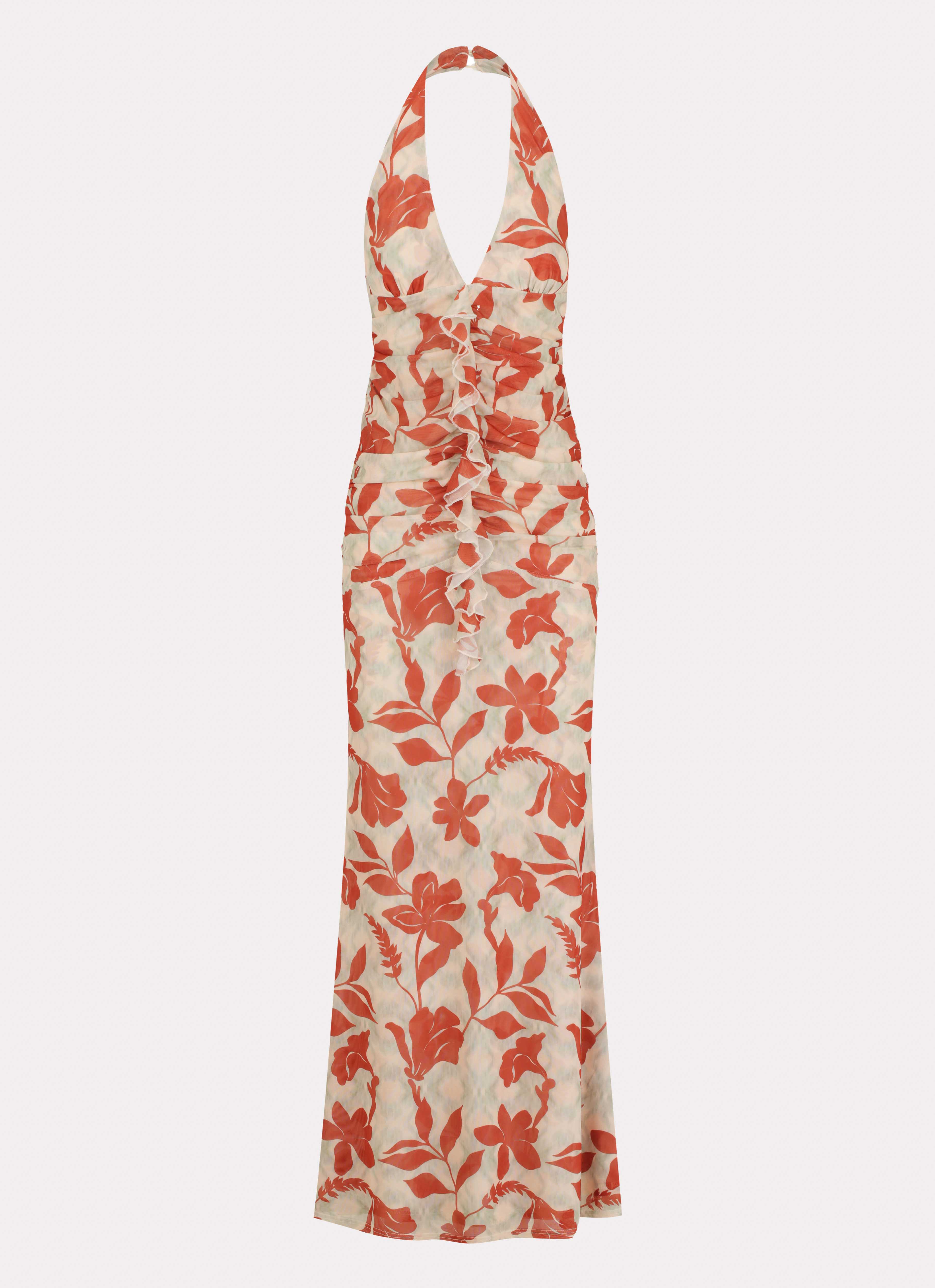 Ardenia Women's Halter Maxi Dress - Red & Green Floral Print Summer Beach Dress for Vacation, Party & Evening Wear