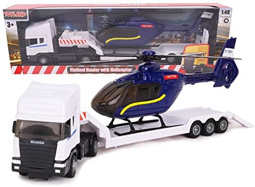 Toyland® Scania Flatbed Hauler with Helicopter - 1:48 Scale Diecast Model Truck Toy - Free Rolling Wheels - Transport Vehicle Collectible - Gift for Boys & Collectors (White Truck/Blue Helicopter) - Perfect for Playtime, Display & Pretend Transport Adventures