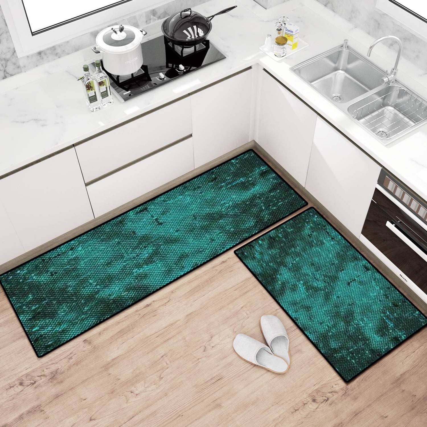 Non-Slip Washable Kitchen Rugs Set - Turquoise Distressed Dotted Design Floor Mats, Anti-Fatigue Standing Mats for Kitchen, Bathroom & Entryway Decor - Perfect for High Traffic Areas and Comfortable Cooking