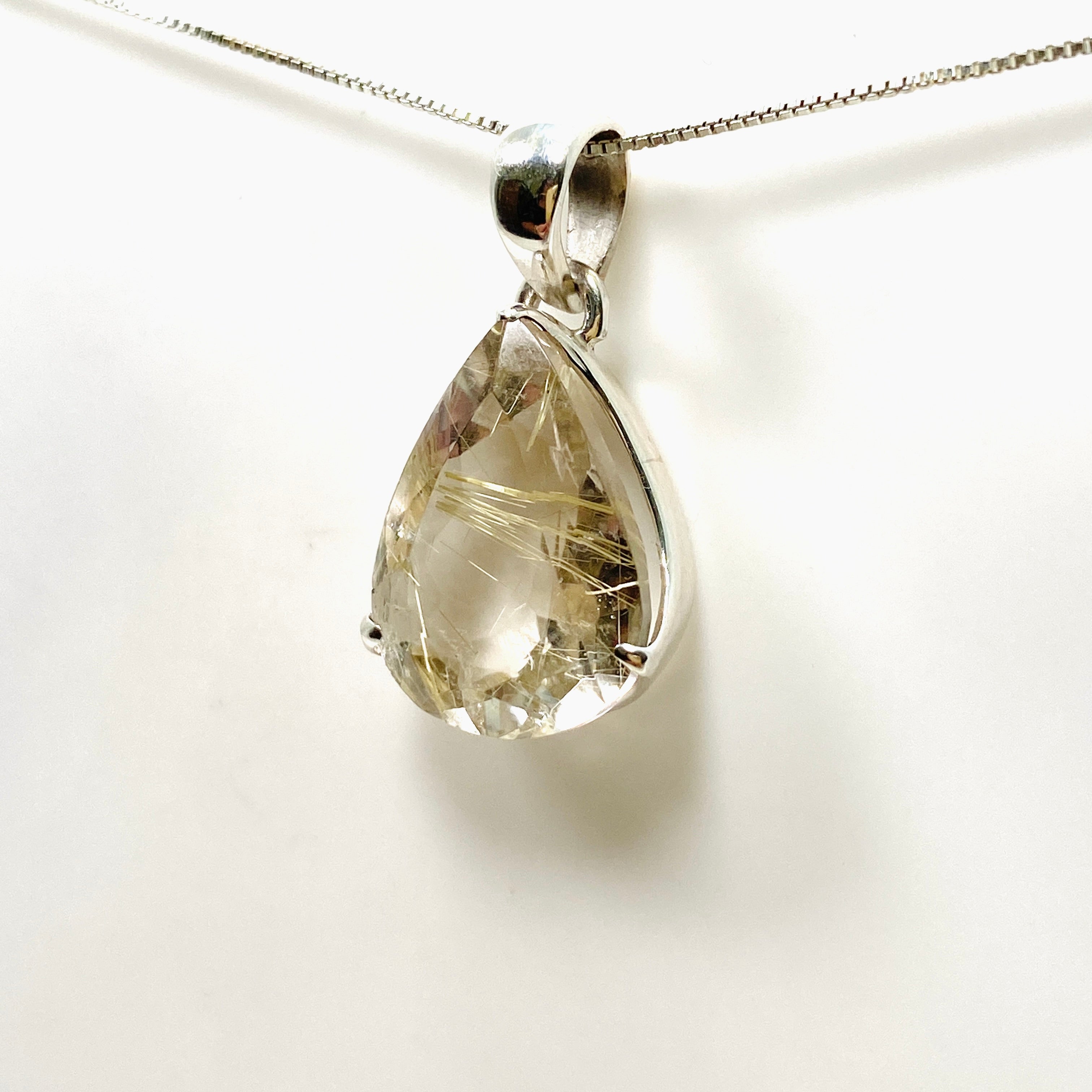 Rutilated Quartz Teardrop Faceted Pendant Necklace PPGJ841 - Elegant Crystal Jewelry for Women, Perfect for Gifts & Special Occasions