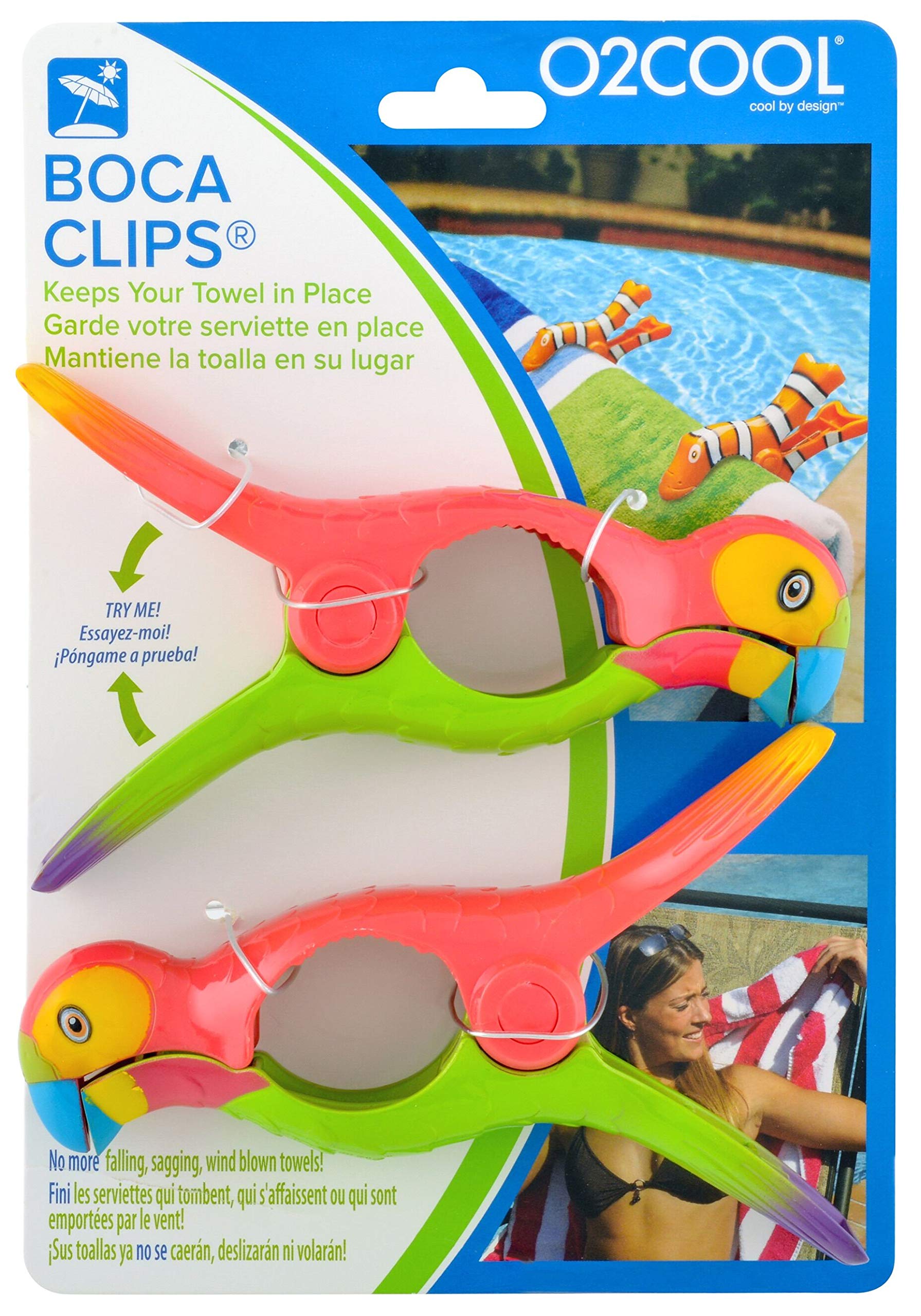 O2COOL Parrot BocaClips - 2-Pack Beach Towel Holders for Pool, Patio & Travel - Secure, Portable Towel Clips with Assorted Styles - Perfect for Beach Days, Poolside Lounging & Outdoor Adventures