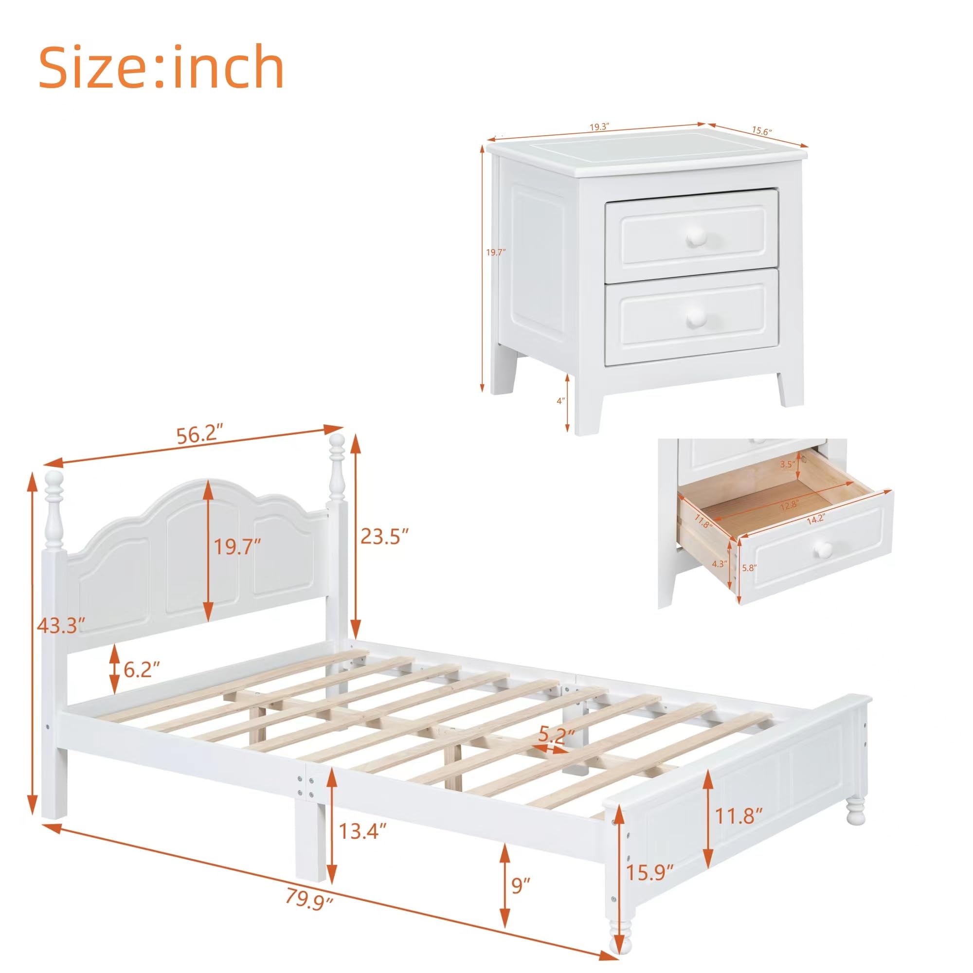 Harper & Bright Designs 3-Piece Full Size Bedroom Set - Wood Platform Bed with 2 Nightstands, White | Modern Bedroom Furniture for Small Spaces & Guest Rooms