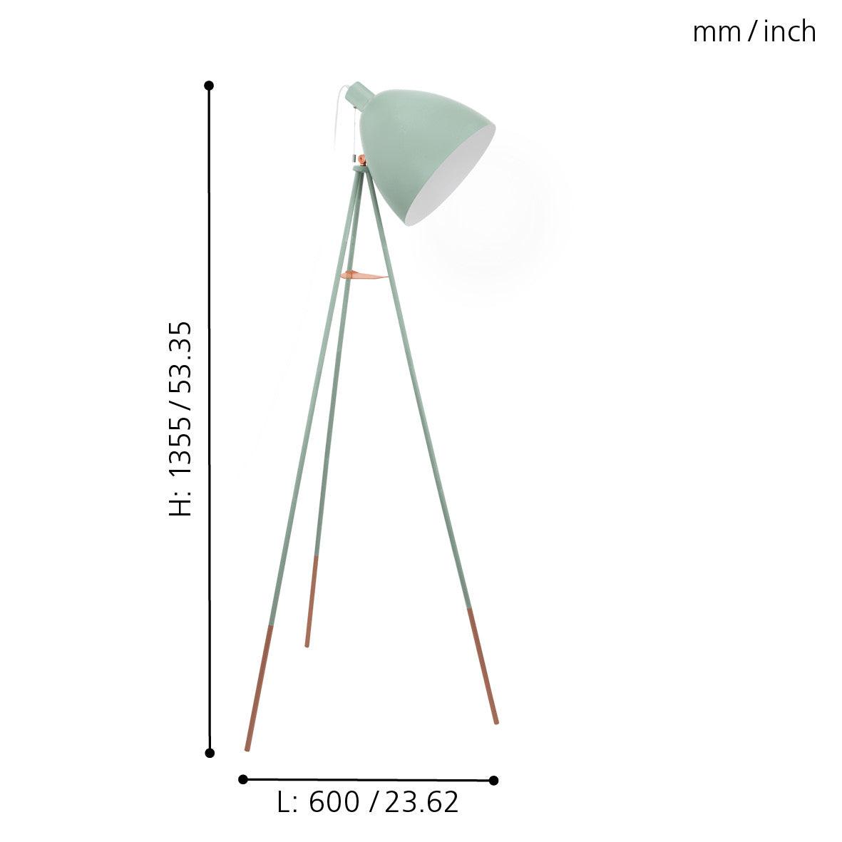 Eglo Dundee Mint Green & Copper Tripod Floor Lamp - Modern Industrial Lighting for Living Room, Bedroom, or Office Decor