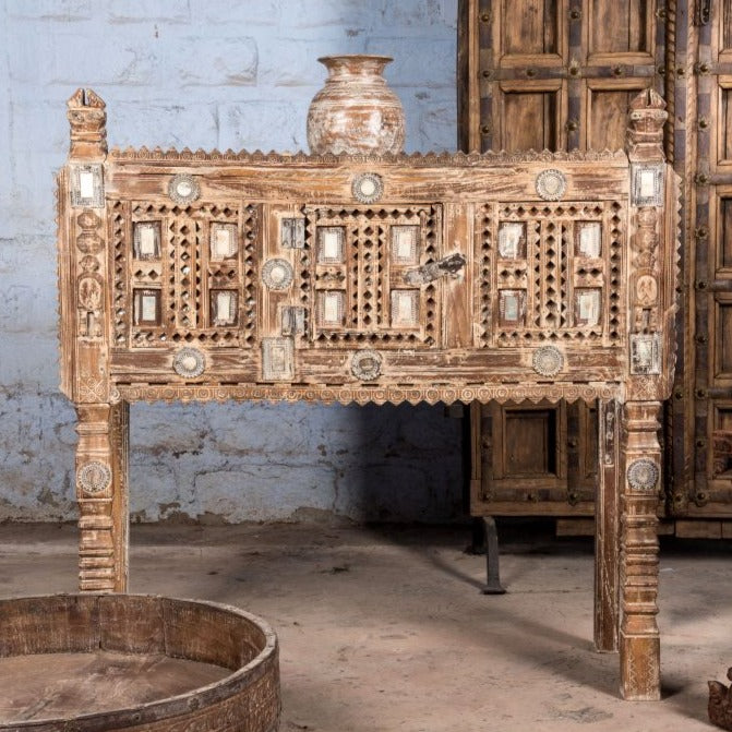 Hand Carved Antique Solid Wood Damchiya Dowry Chest with Drawers - Brown Vintage Storage Furniture for Bedroom, Living Room & Home Decor