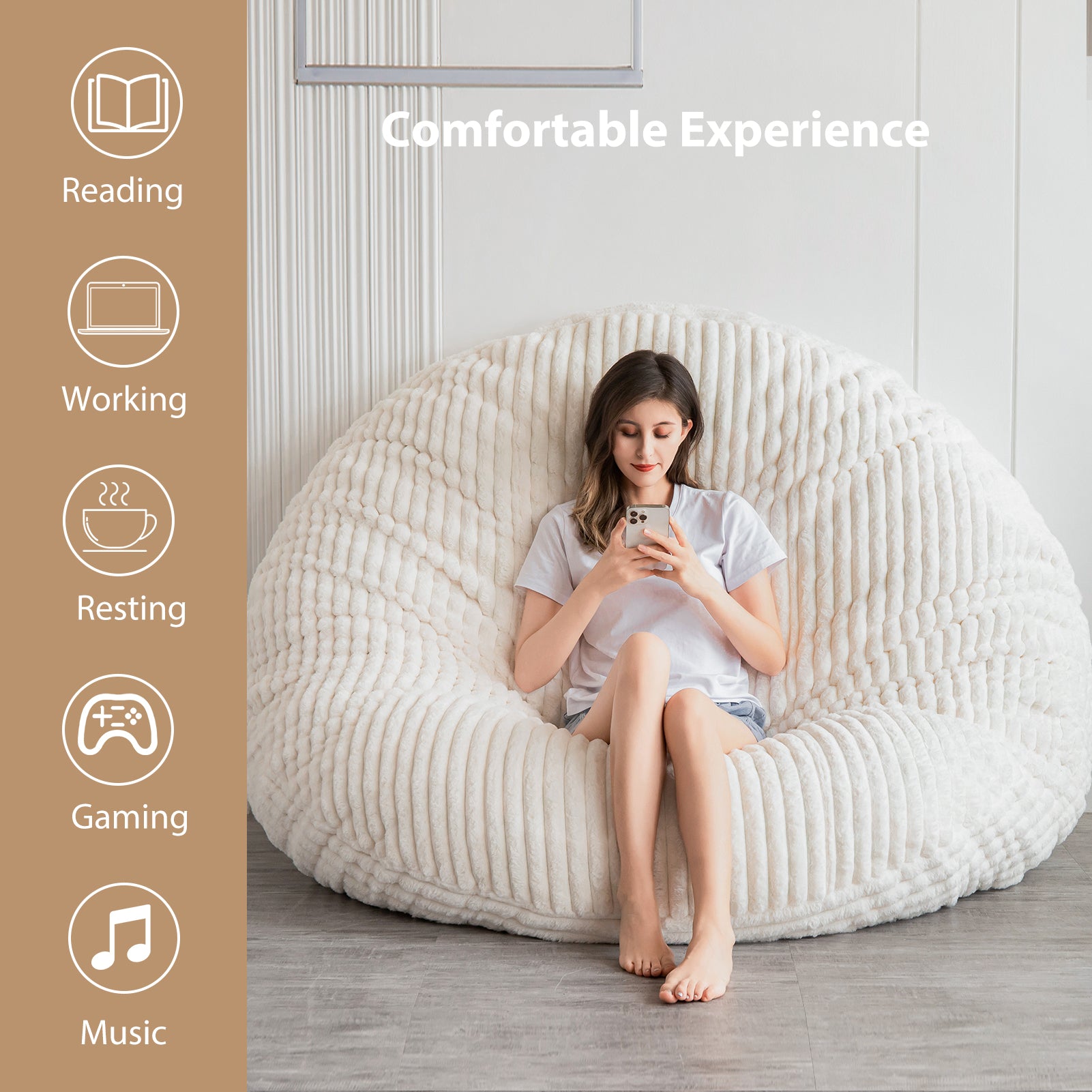 MAXYOYO Giant Round Bean Bag Chair for Adults - Soft Striped Faux Fur Oversized Lounger (Beige) | Perfect for Living Room, Bedroom, Game Room & Dorm Relaxation