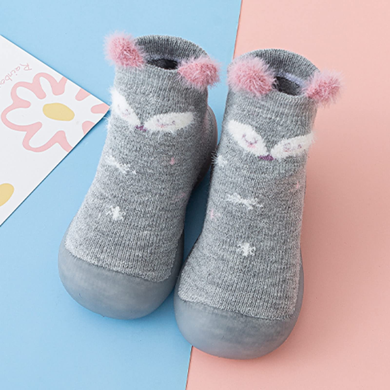 **Baby Boys & Girls Animal Cartoon Fleece Socks Shoes - Non-Slip Warm Toddler Slippers for Indoor Play (Grey, 18-24 Months) - Perfect for Winter & Nursery**