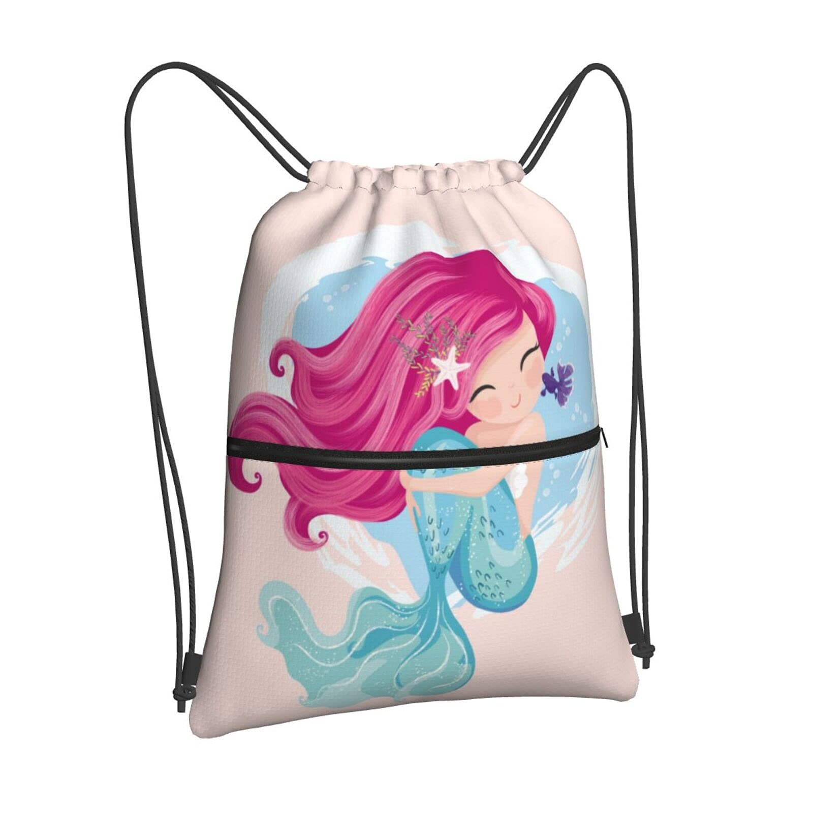 PrelerDIY Mermaid Themed Gym Drawstring Backpack - Waterproof Sports Sackpack with Zipper for Women, Men, Girls & Boys - Perfect for Gym, School, Travel & Beach Activities