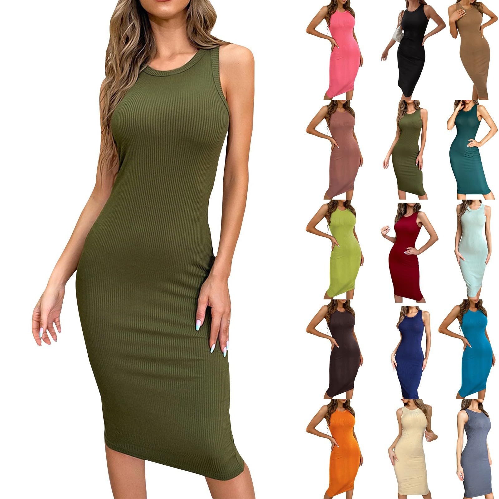 **Trendy Women's Summer Dresses 2024 - Sleeveless Crewneck Bodycon Midi Dress, Casual & Party Wear for Beach, Vacation, and Night Out**