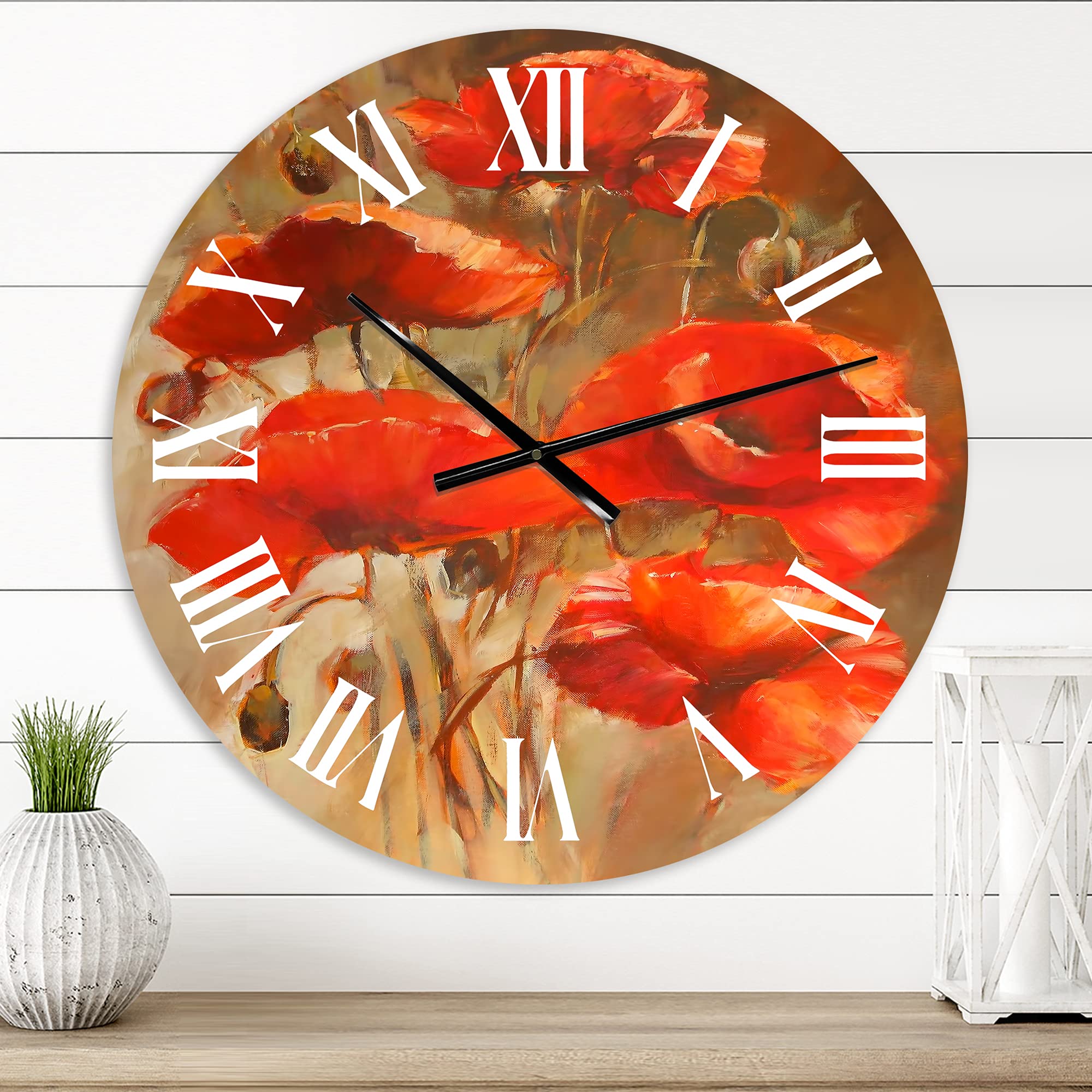 Red Blossoming Poppies VI - Large Traditional Floral Wall Clock for Kitchen, Living Room & Bedroom Decor | Silent Non-Ticking Botanical Design