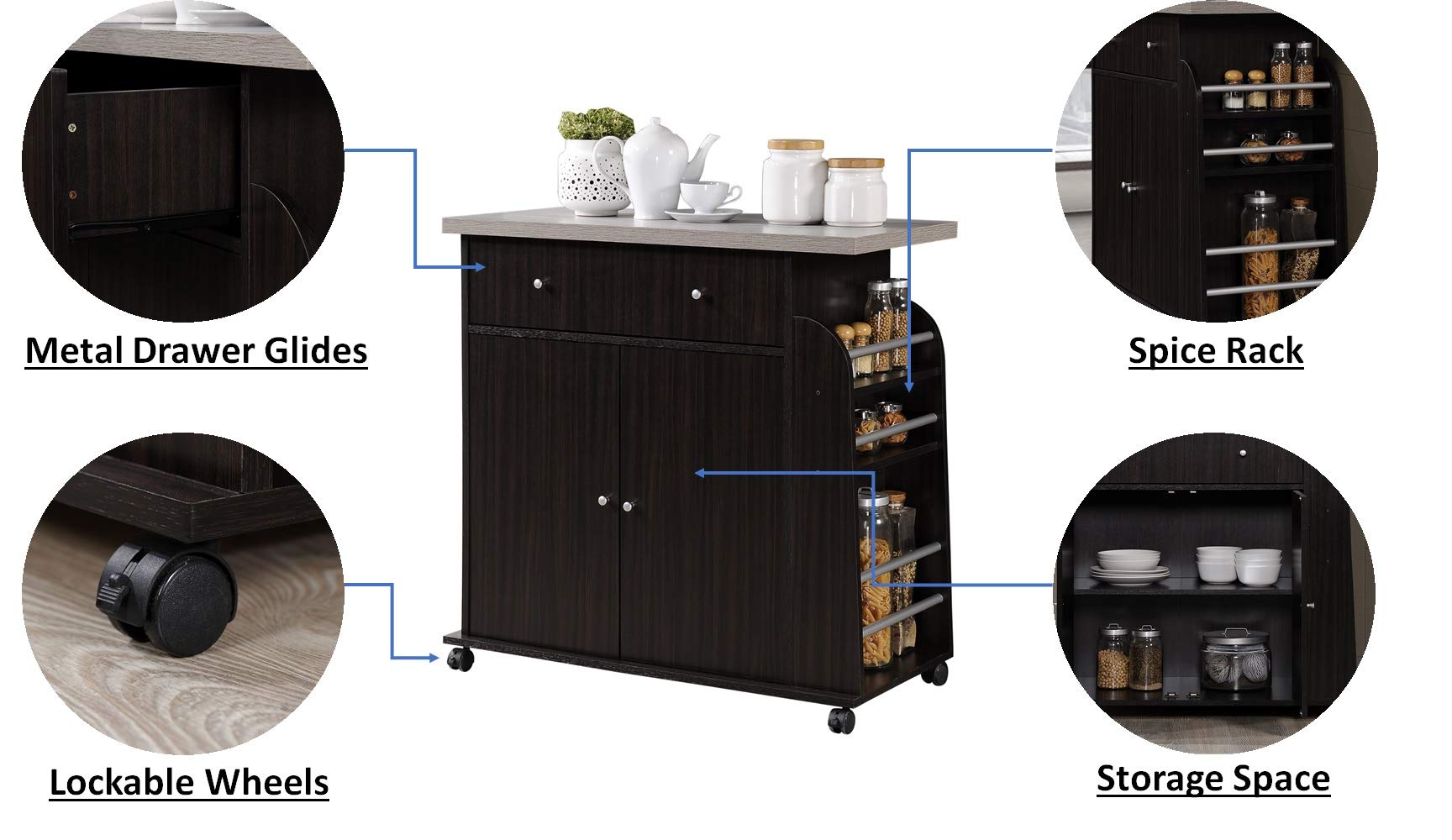 Hodedah Chocolate Kitchen Island with Spice Rack & Towel Rack - Portable Rolling Cart for Small Spaces, Extra Storage for Spices, Utensils & Towels - Perfect for Apartments, Dorms & Compact Kitchens