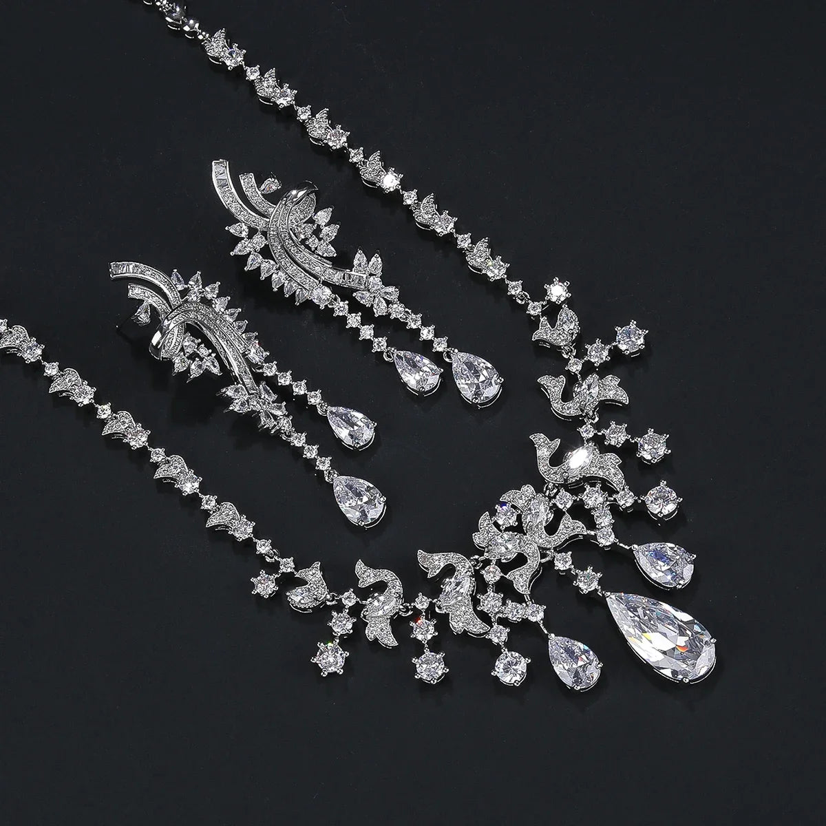 Luxury Cubic Zirconia Droplet Tassel Necklace Set for Women - Elegant Wedding Jewelry, Bridal Party Accessories, Dubai Style White Zirconia Pendant - Perfect for Weddings, Anniversaries & Special Occasions