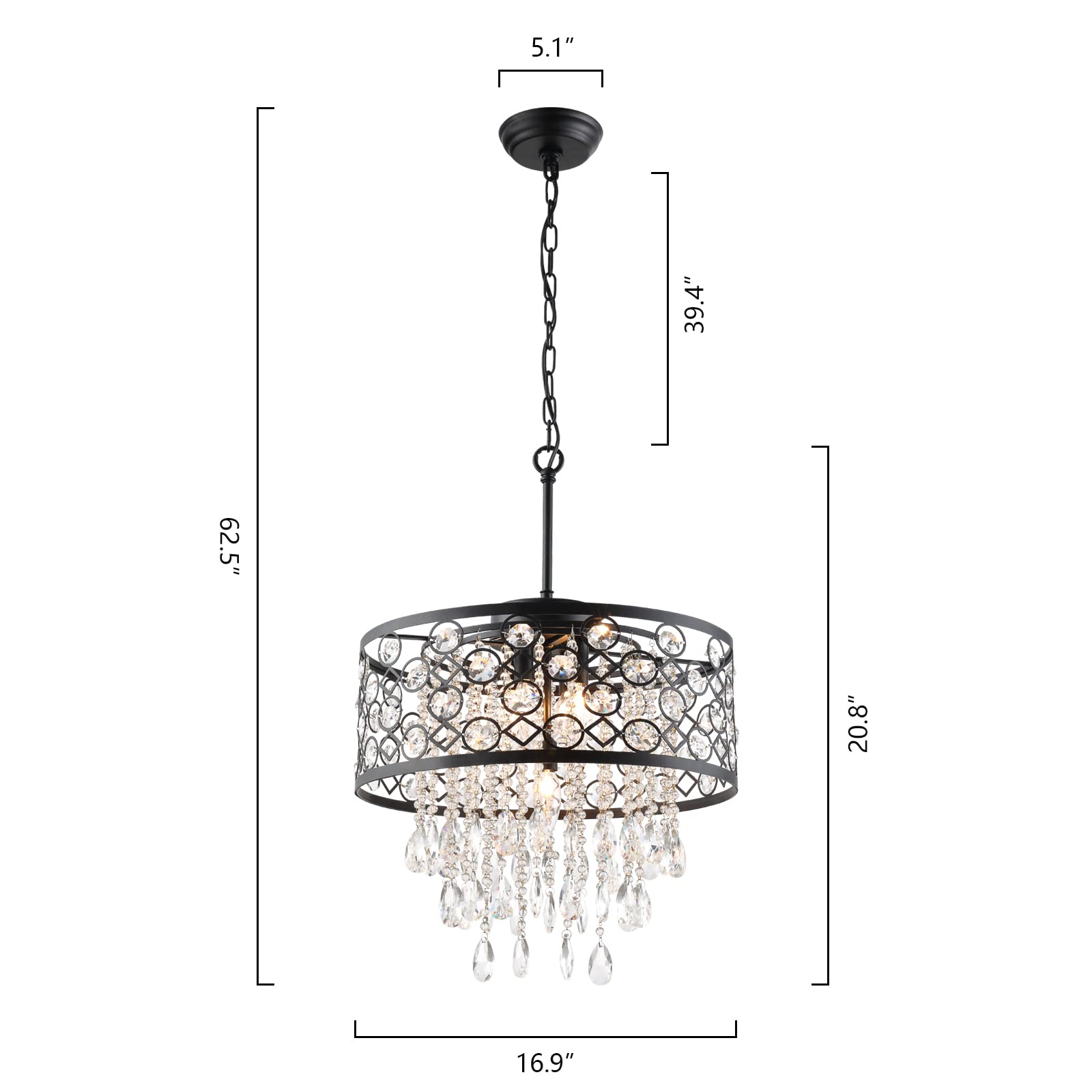 Maxax 5-Light Crystal Chandelier - Modern Drum Pendant Lighting Fixture with Adjustable Chain, ETL Certified - Perfect for Living Room, Bedroom, Dining Room & Kitchen Island Decor - Black Round Hanging Light for Elegant Home Lighting