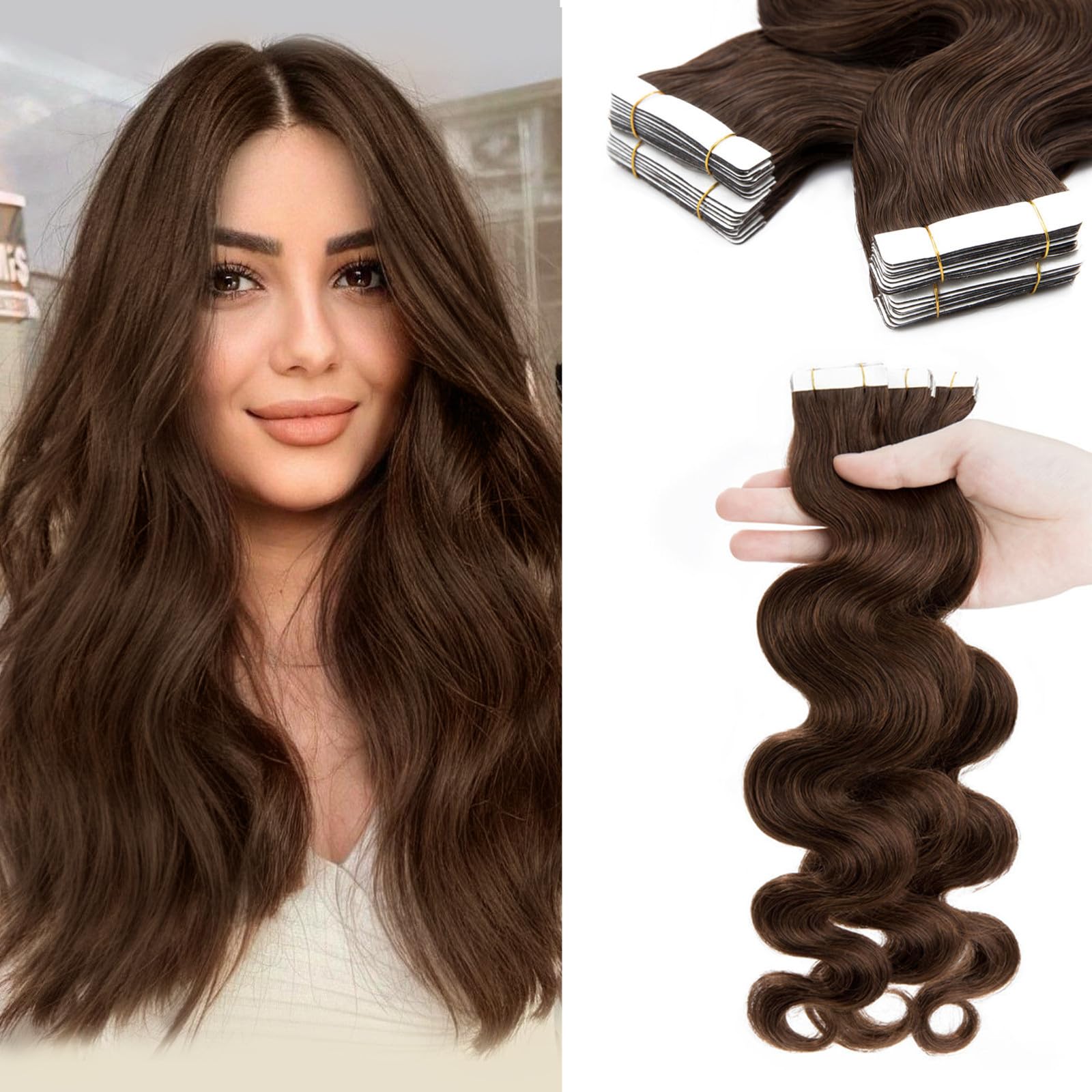 40pcs 100g Tape in Hair Extensions 100% Remy Human Hair - Balayage Medium Brown #04, Seamless Skin Weft, 22 Inch Curly Wavy Extensions for Volume & Length | Perfect for Parties, Weddings & Daily Styling
