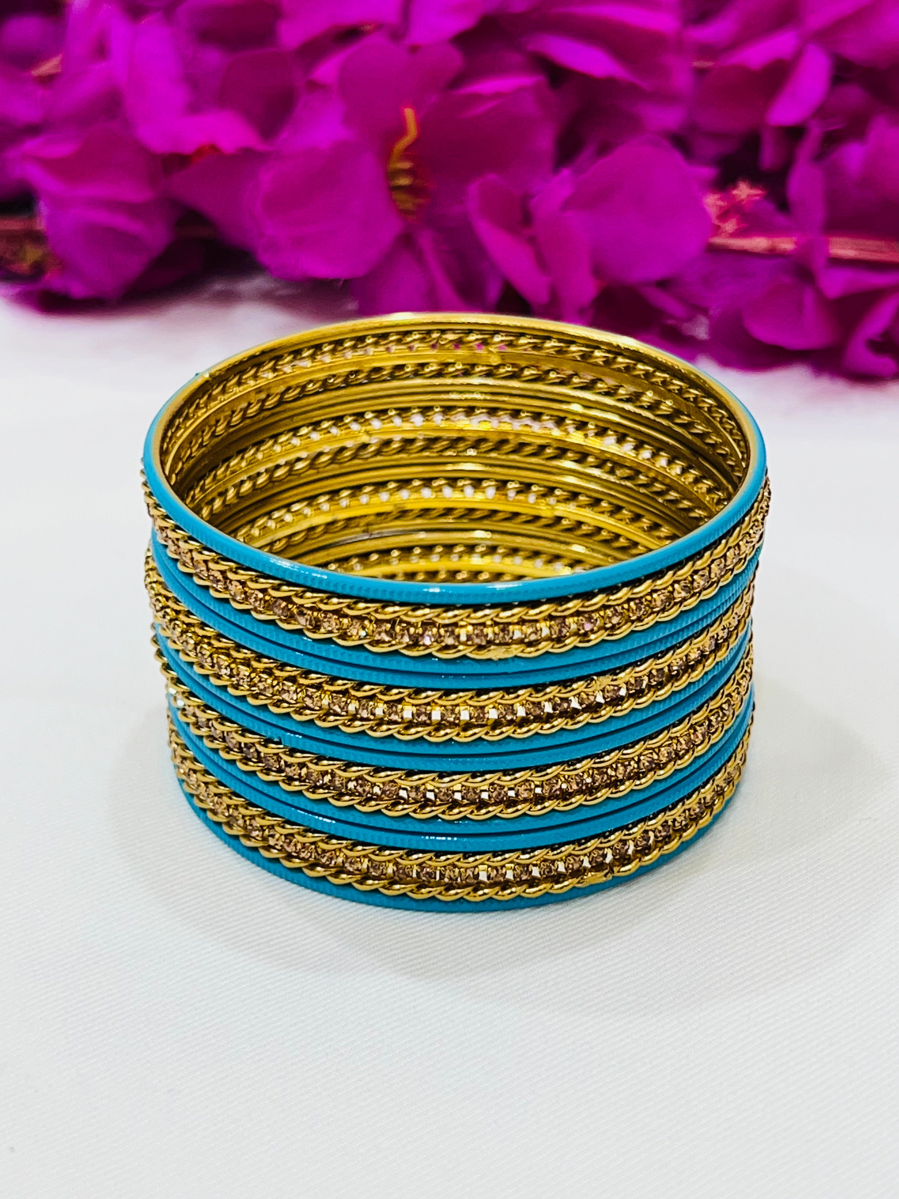 Stylish Sky Blue Metal Bangles with Elegant Gold Spiral Design - Trendy Women's Fashion Jewelry for Parties, Weddings & Everyday Wear