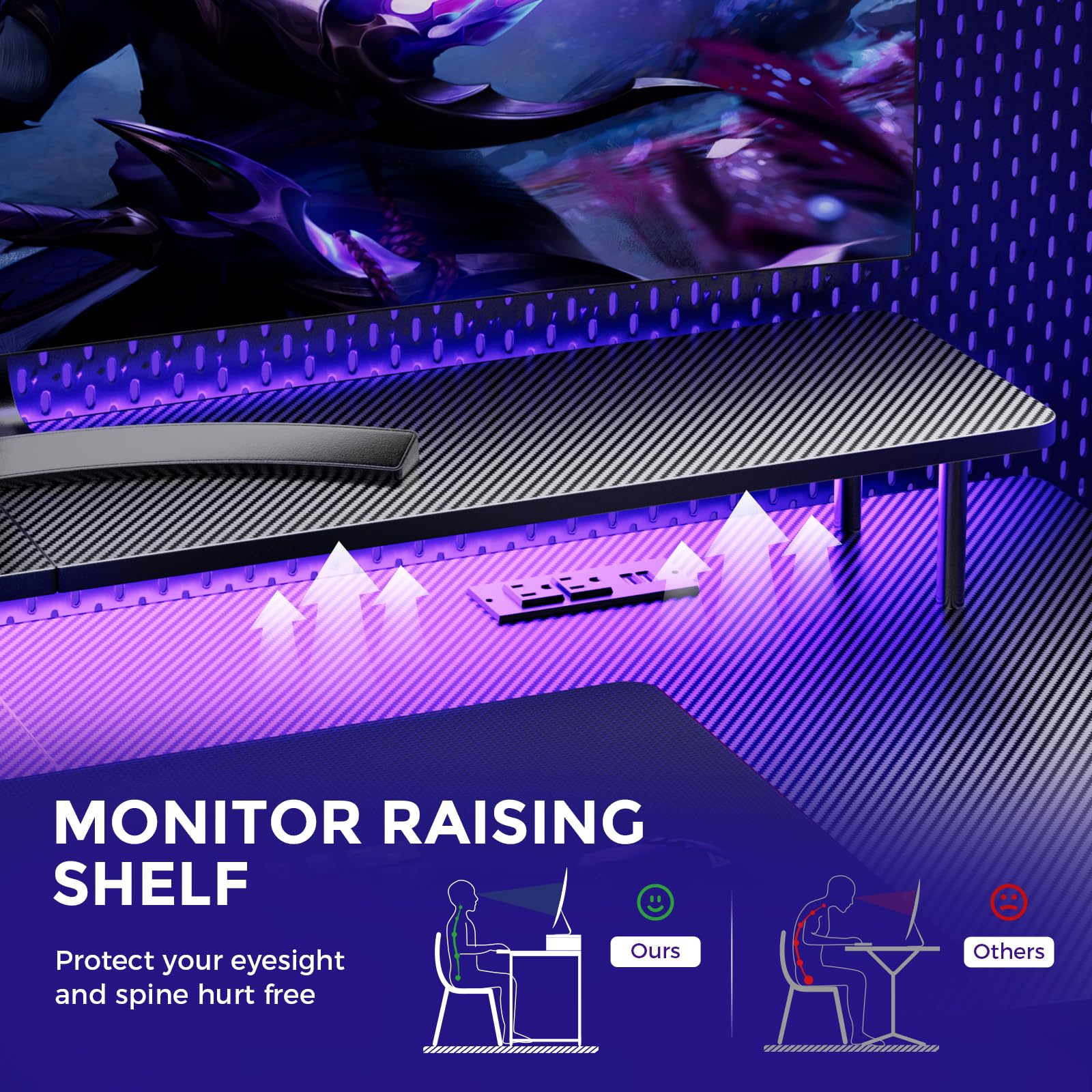 GTRACING 55 Inch LED Gaming Desk with Power Outlet & Monitor Stand - Ergonomic Carbon Fiber Computer Desk with Headphone Hook & Mouse Pad - Perfect for PC Gaming Setup, Home Office & Esports