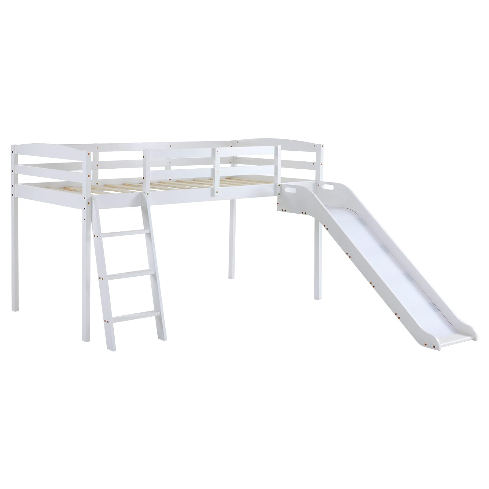 JOYMOR Twin Size Low Loft Bed with Curved Slide & Ladder - Solid Pine Wood Frame, 14