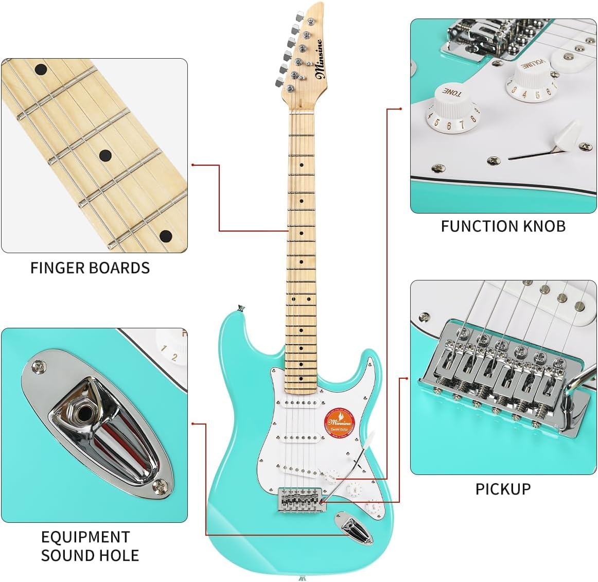 39 Inch Full Size Electric Guitar with Solid Body & S-S-S Pickups - 6 String Beginner Guitar Kit Includes Gig Bag, Strap, Tremolo Arm, Cable & Picks (Green, Model MS100) - Perfect for Beginners, Practice, Live Performances & Home Recording