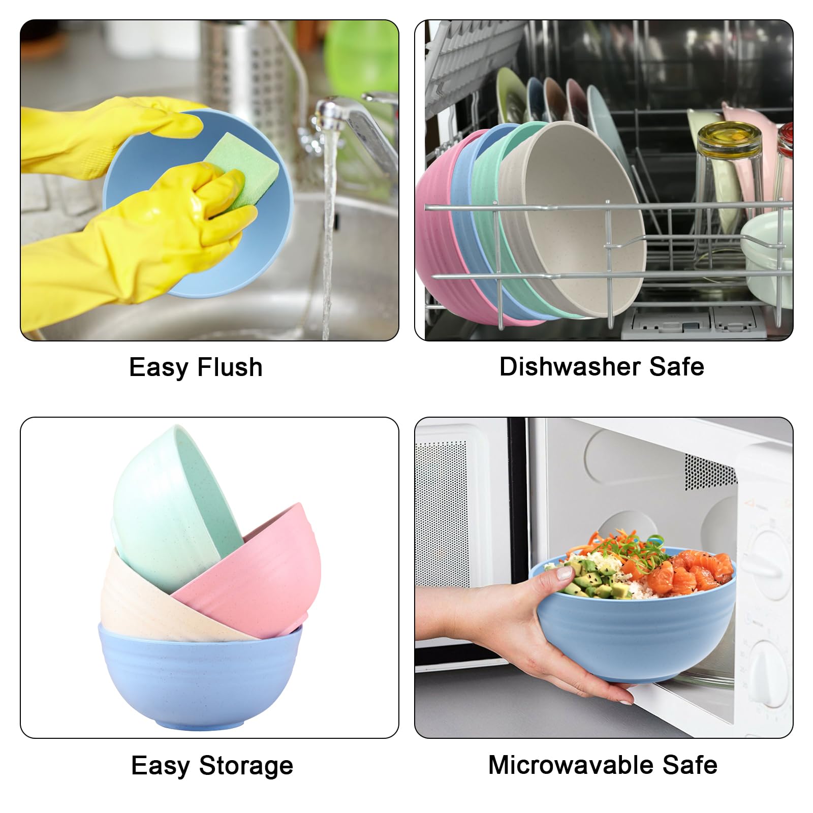 Eco-Friendly Wheat Straw Bowls Set of 4 - Unbreakable 24oz Microwave Safe Cereal Bowls with Lids for Rice, Soup, Oatmeal & Ramen - Reusable Kitchenware for Home, Office & Outdoor Dining