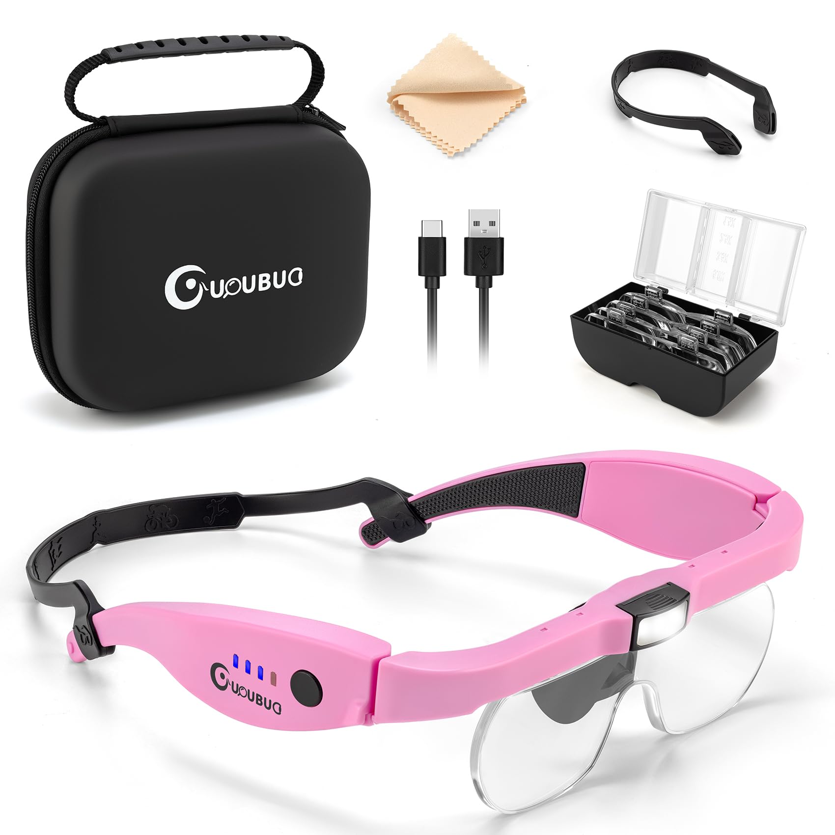 Rechargeable LED Magnifying Headset with Light - 1.5X to 5.0X Adjustable Magnification for Jewelry Making, Crafts & Close Work - Includes Carry Case & Interchangeable Lenses - Perfect for Watch Repair, Reading & Hobby Projects