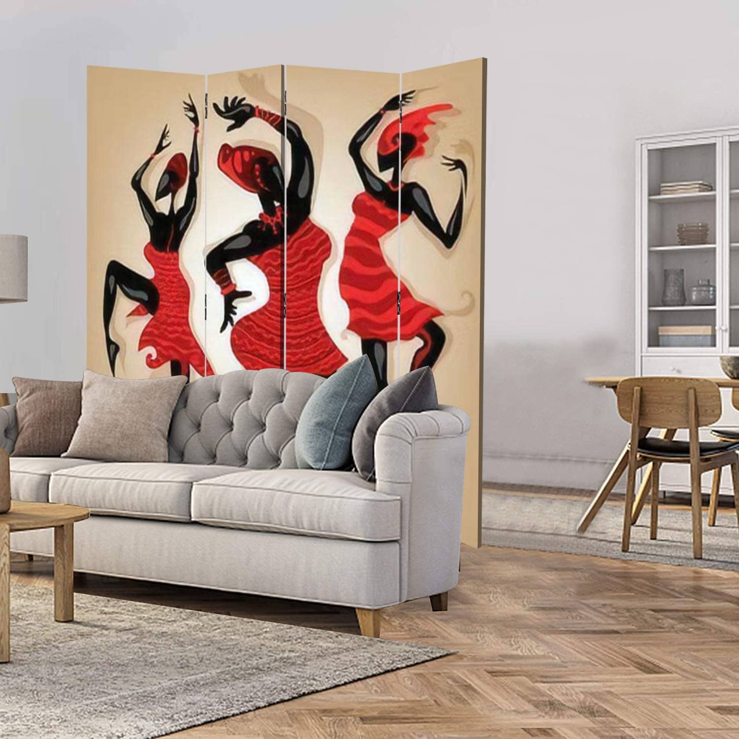 African Dancers Canvas Room Divider - 4 Panel Folding Privacy Screen for Home & Office - Temporary Wall Partition for Bedroom, Living Room, Studio & Events