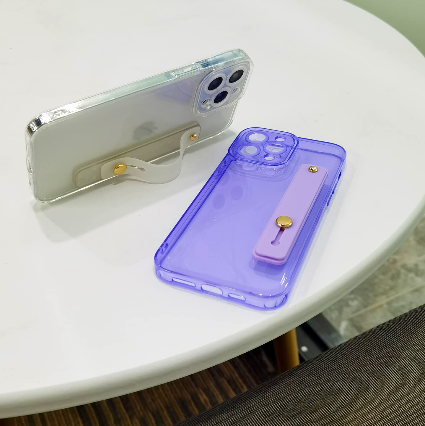 Omio Clear TPU Silicone Case for iPhone 12 Pro Max - Shockproof Slim Cover with Wristband Grip & Stand, Neon Purple Fluorescent Design - Perfect for Women & Girls - Ideal for Daily Use, Work, and Outdoor Activities