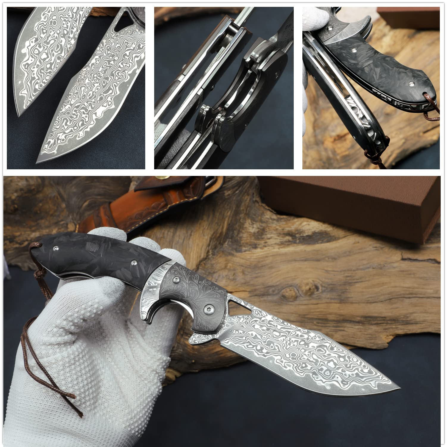 Premium Handmade Damascus Steel Folding Knife with Leather Case - 3.8 Inch VG10 Steel Core Blade, Steel Ball Bearings & Carbon Fiber Handle - Tactical Pocket Knife for Hiking, Camping, Outdoor Survival & Everyday Carry (EDC)