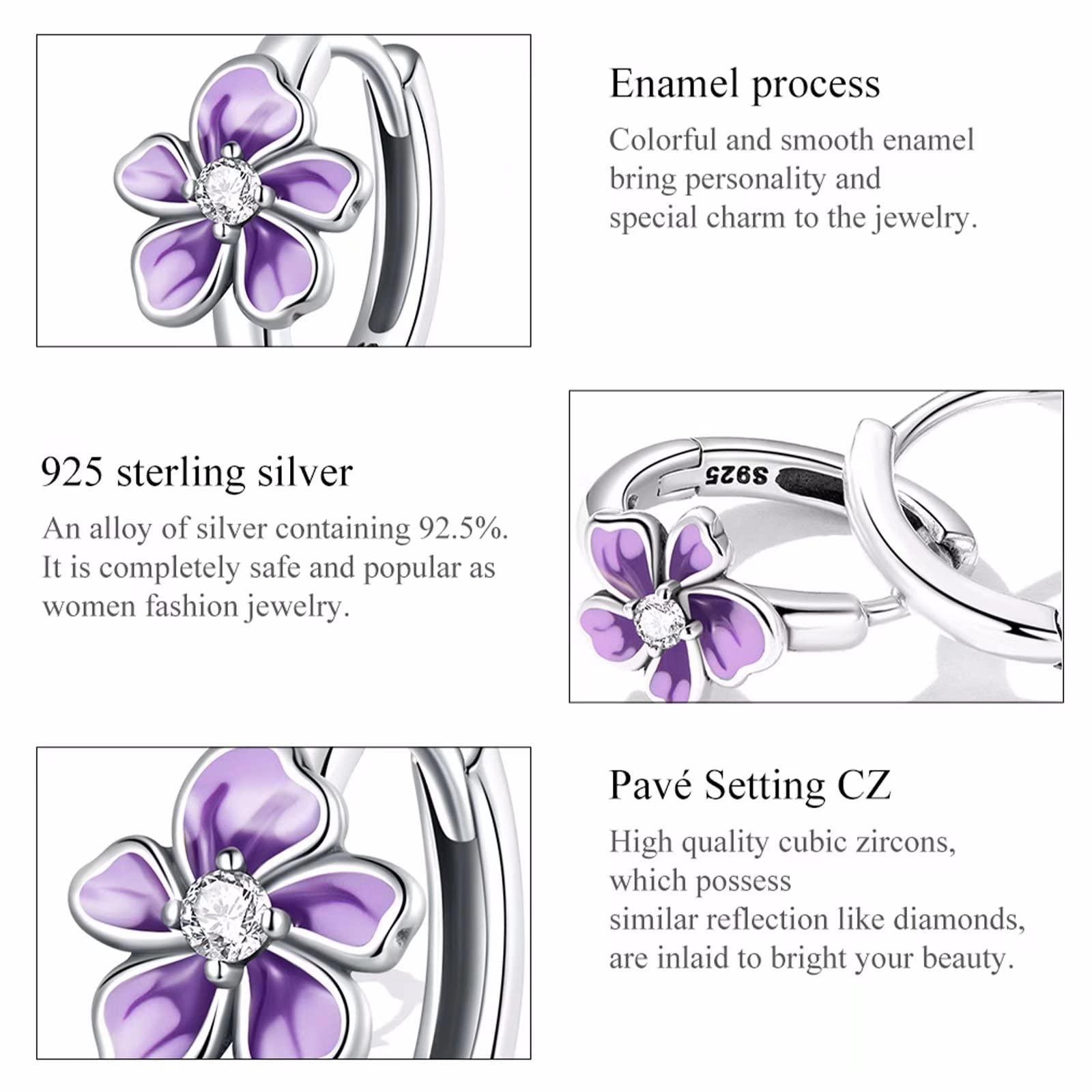 Hypoallergenic S925 Sterling Silver Purple Flower Hoop Earrings for Women - Dainty Huggie Hoops with Fresh Floral Design, Perfect for Everyday Wear, Date Nights & Gift Giving