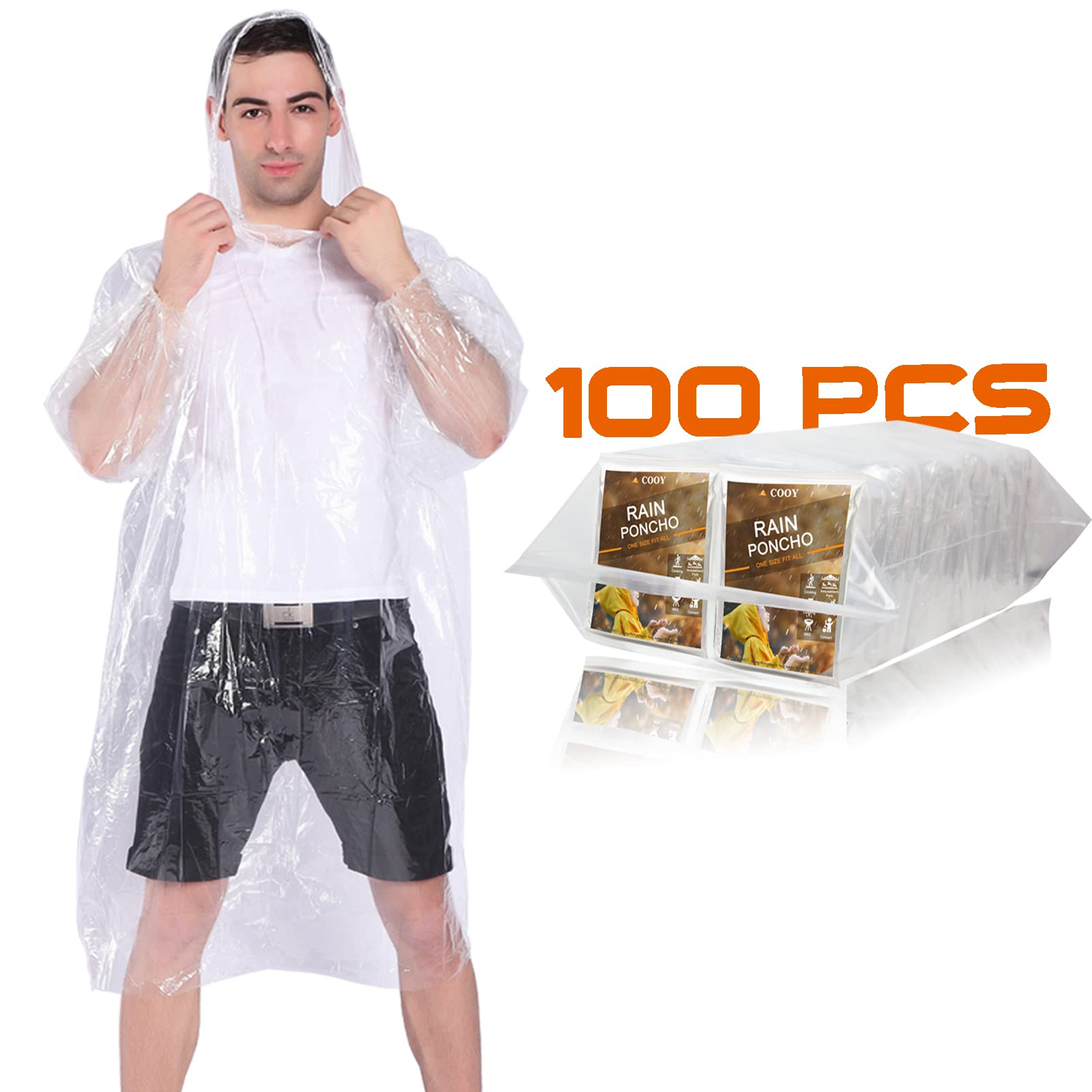 Disposable Rain Ponchos with Drawstring Hood (10 Pack) - Clear Emergency Rainwear for Adults & Family Outdoor Activities, Hiking, Camping, Sports Events