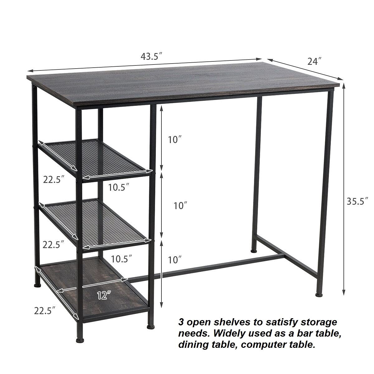 Iron Frame Pub Table with 3 Open Storage Shelves - Bar Counter Dining Desk for Kitchen, Office & Living Room - Perfect for Storing Cutlery, Laptop Work & Casual Dining