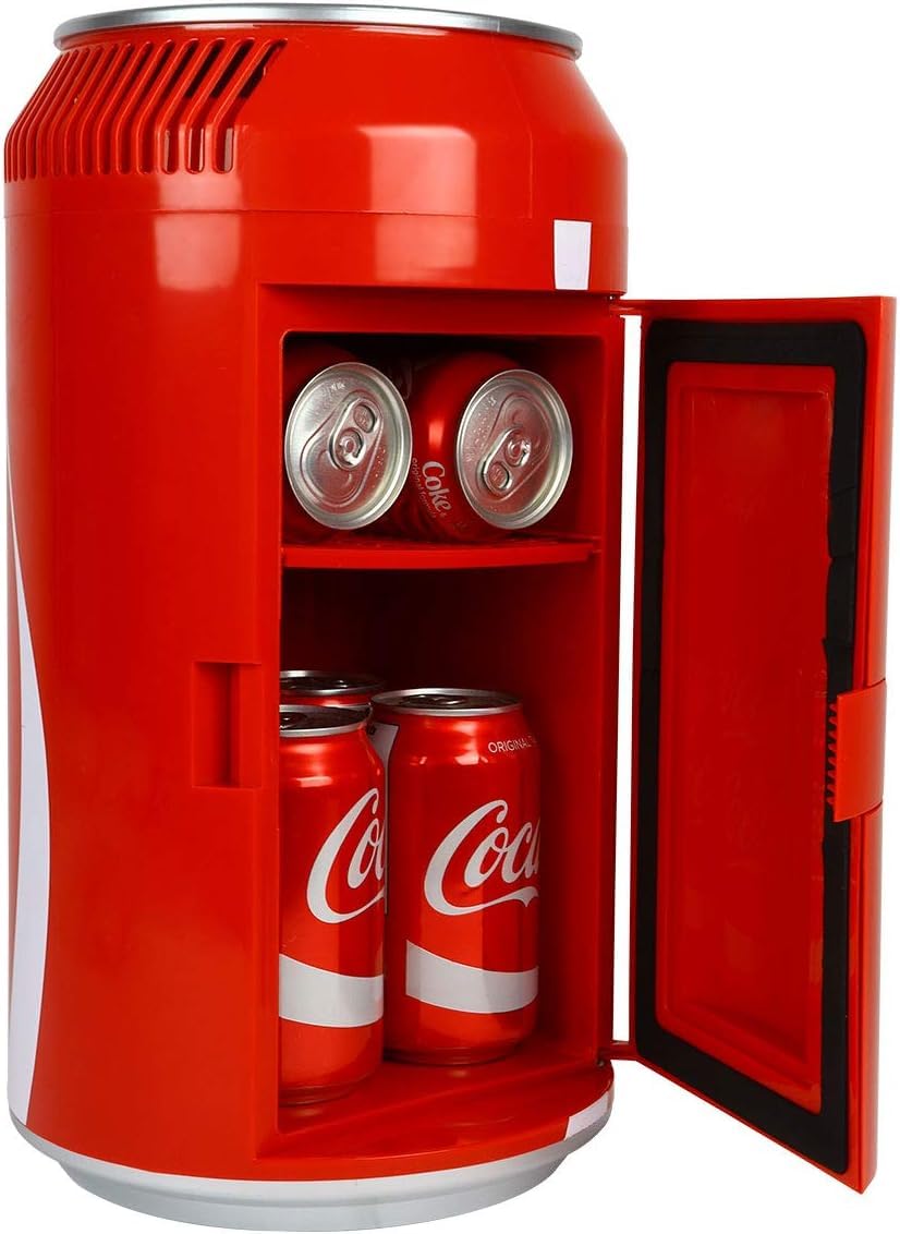 Portable Mini Fridge for Drinks & Snacks - 8 Can Coca-Cola Cooler with 12V DC/110V AC Power, 5.4L (5.7 qt) Compact Beverage Refrigerator - Perfect for Travel, Office, Dorm, RV & Home Use - Red Retro Can Design
