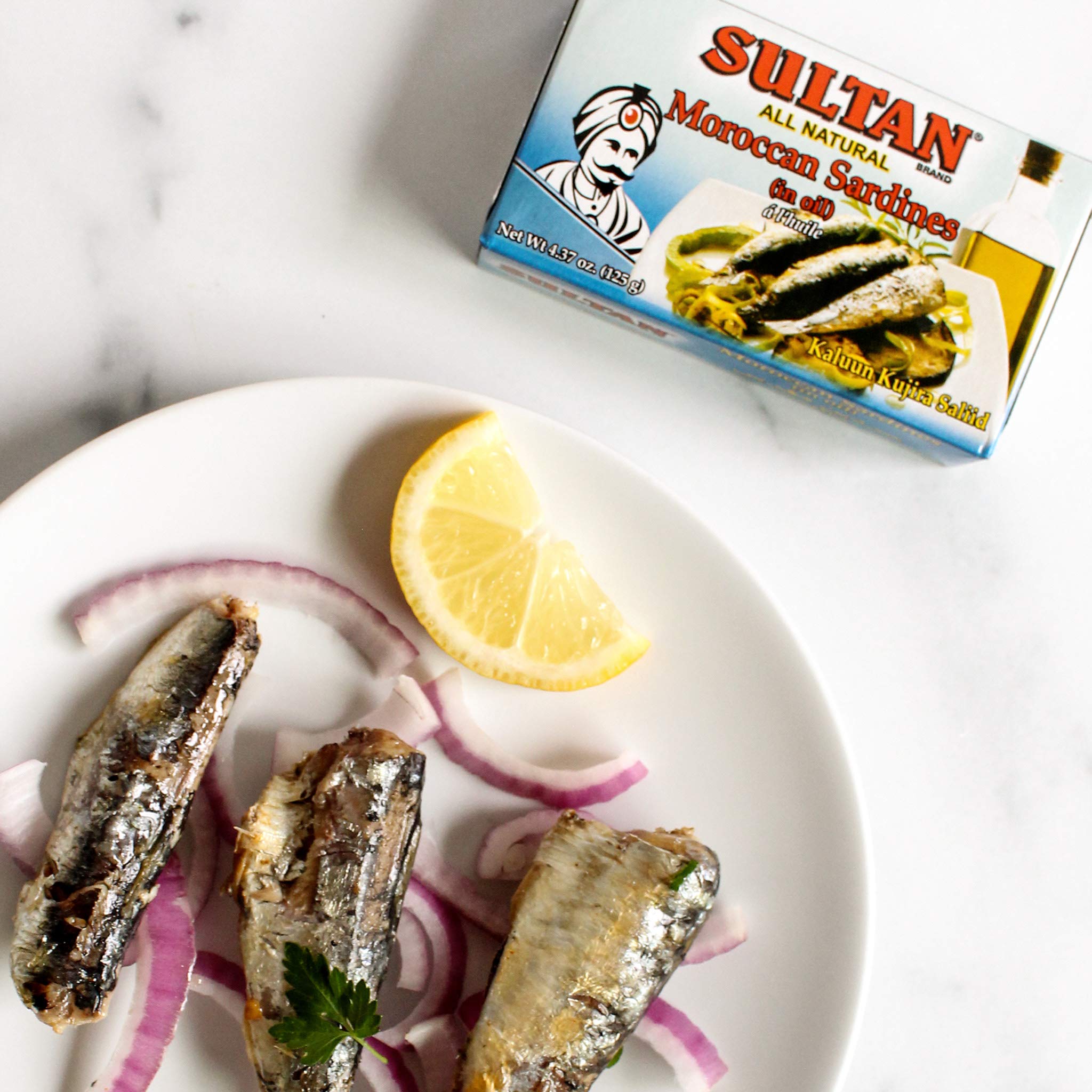 Premium Sultan Moroccan Season Sardines in Olive Oil - 100% Natural, High Protein, No Additives or Preservatives - Paleo, Keto & Carnivore Diet Friendly - Zero Carb Canned Fish - 4.37oz (5-Pack) - Perfect for Salads, Snacks & Low-Carb Meals