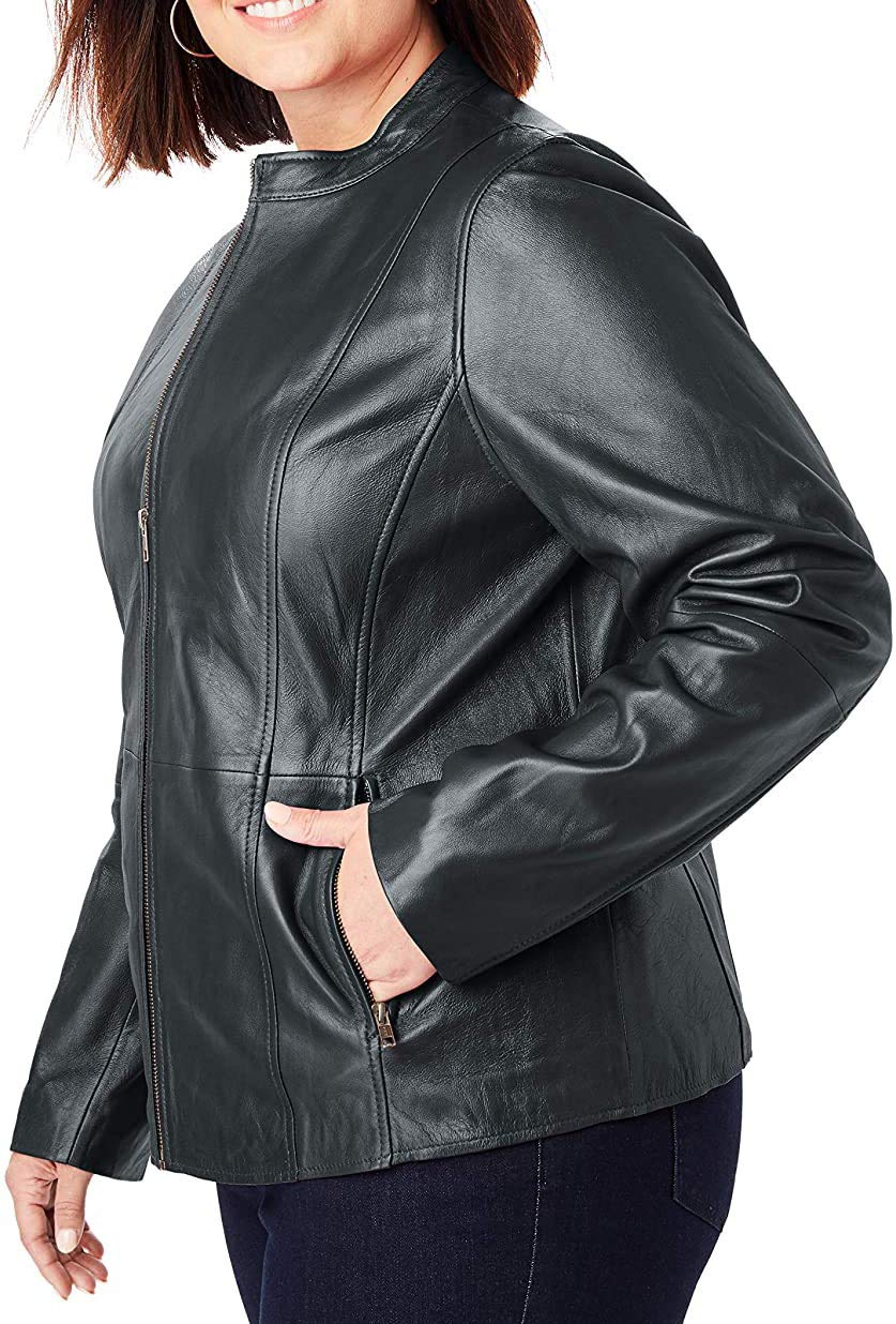 Women's Plus Size Leather Jacket with Band Collar - Premium Genuine Leather Biker Style Coat for Curvy Ladies | Perfect for Casual Outfits, Motorcycle Riding & Fall Fashion