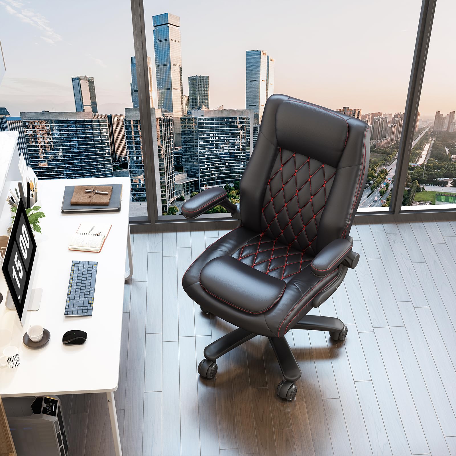 Premium High Back Executive Office Chair for Big & Tall - 400LBS Weight Capacity with Lumbar Support, Flip-Up Armrests & Smooth-Rolling Rubber Wheels - Ergonomic Desk Chair for Home Office, Conference Rooms & Executive Suites (Black)