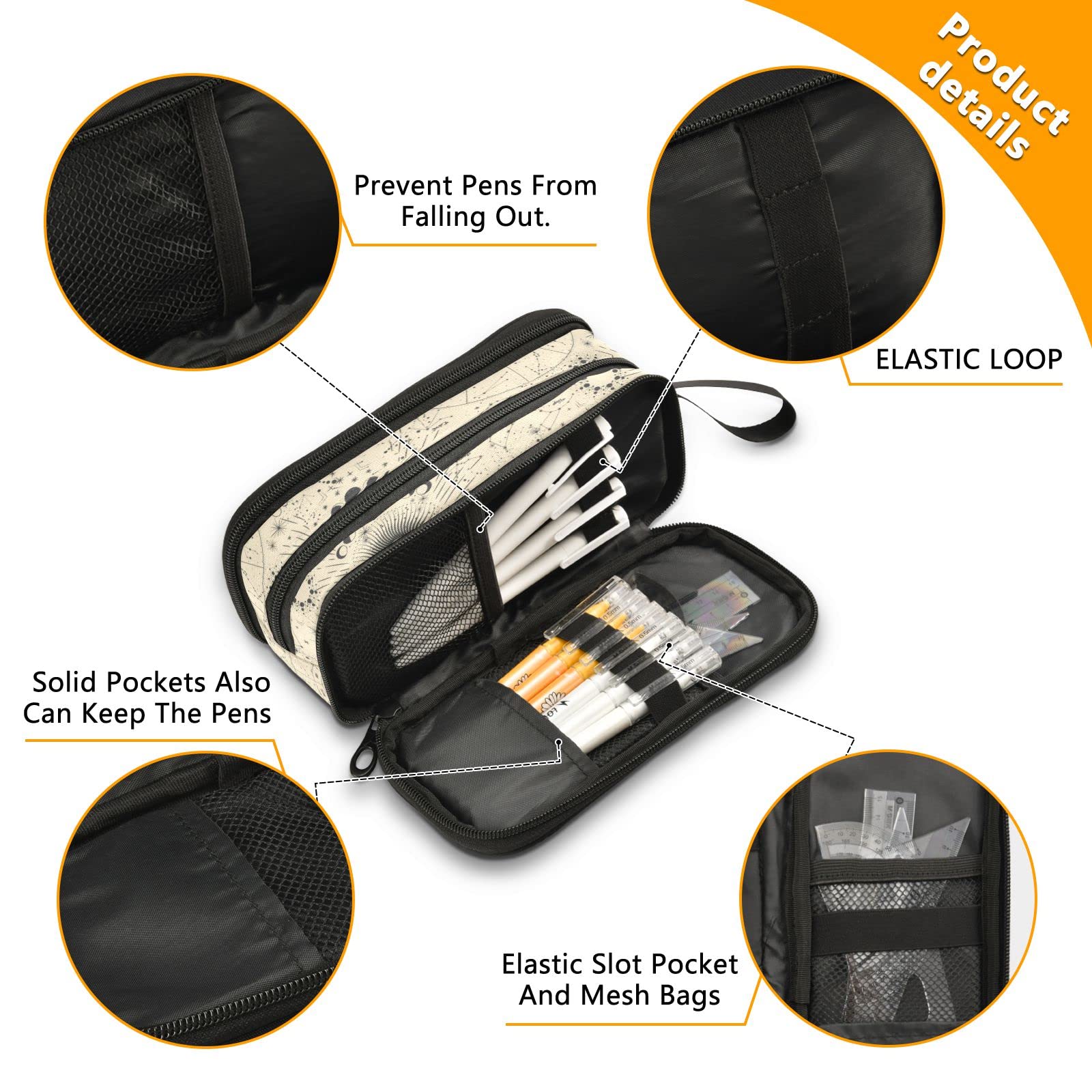ALAZA Moon Phases Zodiac Pencil Case - Nylon Zippered Pen Pouch for School, Office & Travel - Stylish Stationery Organizer for Women & Men - Perfect for College Students, Work & Daily Use