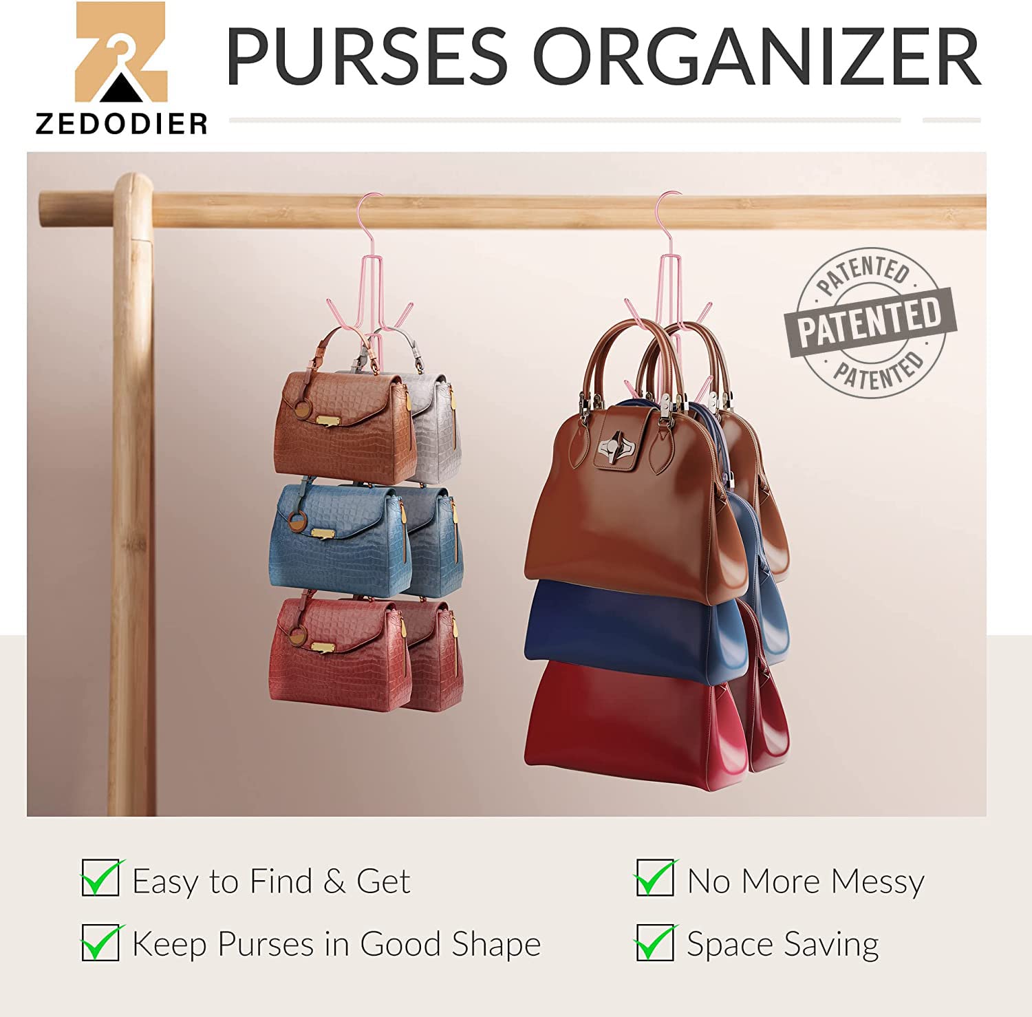 ZEDODIER 4-Pack Metal Purse Hanger Organizer for Closet - Space Saving Handbag & Backpack Storage Hook Rack to Keep Purses Visible & Protected (Pink) - Perfect for Bedroom, Walk-In Closet & Dorm Organization