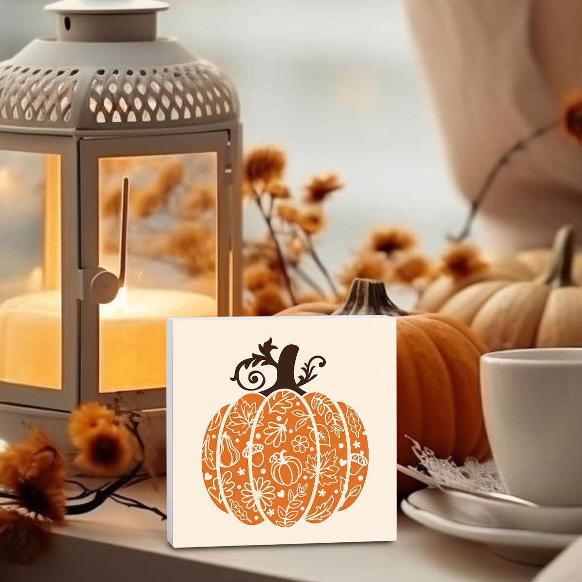 YUANHAO 5x5 Inch Thanksgiving Pumpkin Sign - Fall Harvest Decor for Home, Office & Table - Autumn Thanksgiving Decorations Indoor/Outdoor - Perfect for Holiday Parties, Centerpieces & Seasonal Home Styling