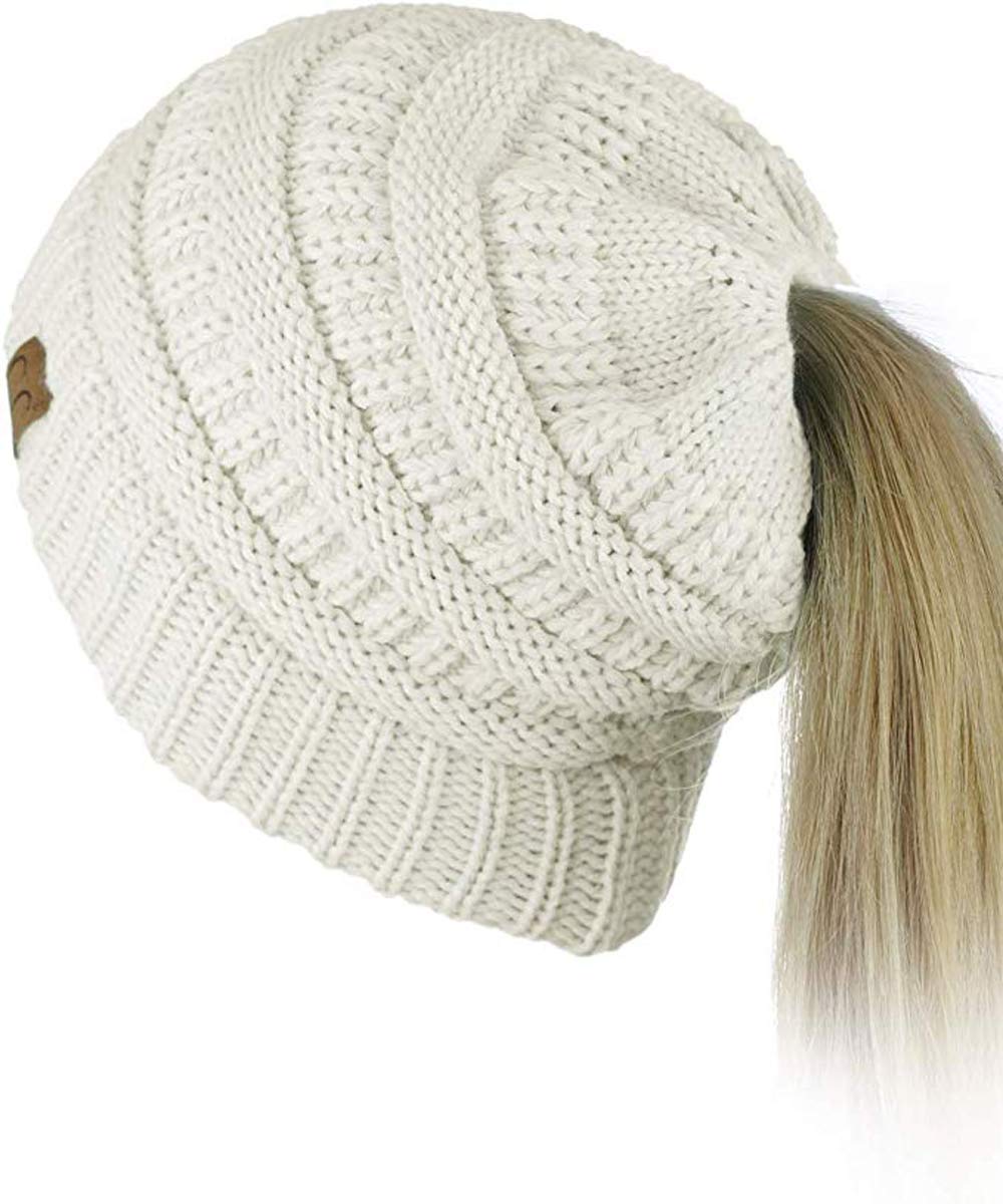 Messy Bun Hat Beanie - Soft Knit Winter Beanie for Women (White) | Cozy Slouchy Hat for Running, Yoga & Outdoor Activities