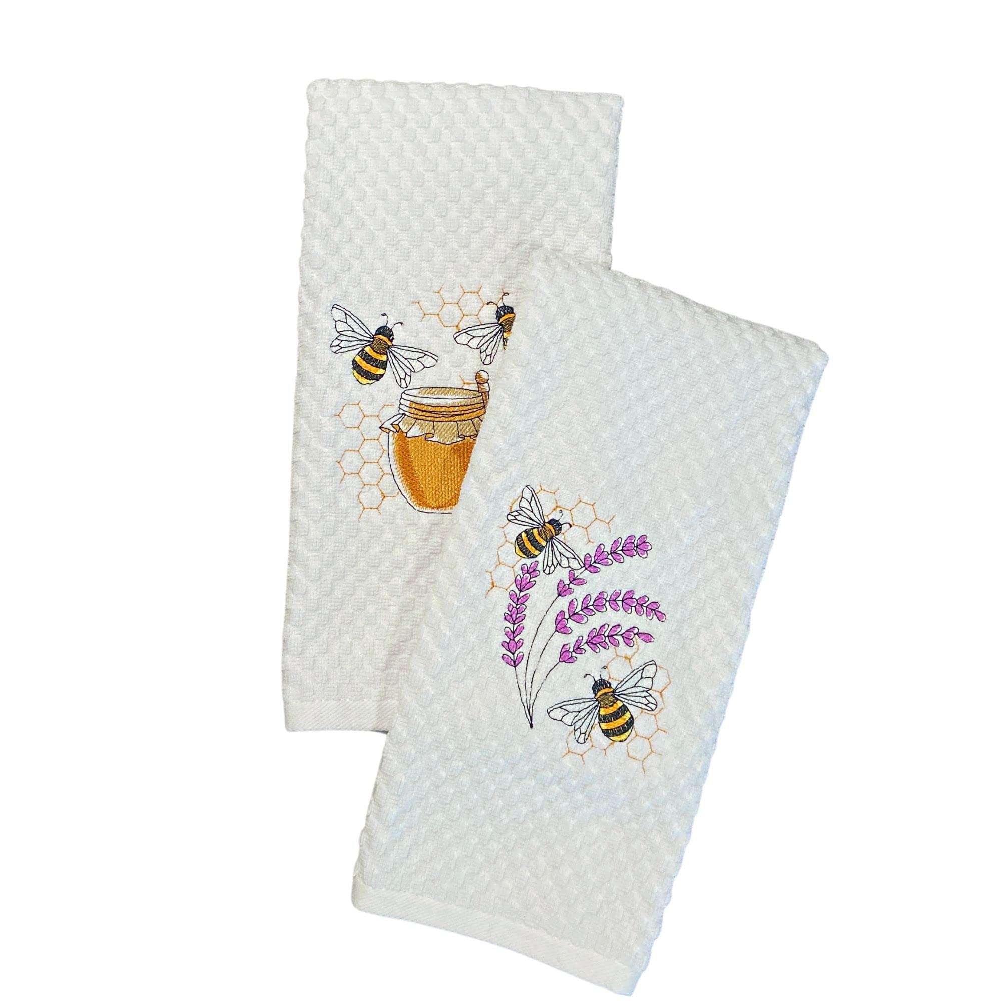 Embroidered Buzzy Bees Waffle Weave Cotton Kitchen Towels Set of 2 - Absorbent Dish Towels for Kitchen, Cafe & Home Decor - Perfect Housewarming Gift for Coffee Lovers & Bee Enthusiasts
