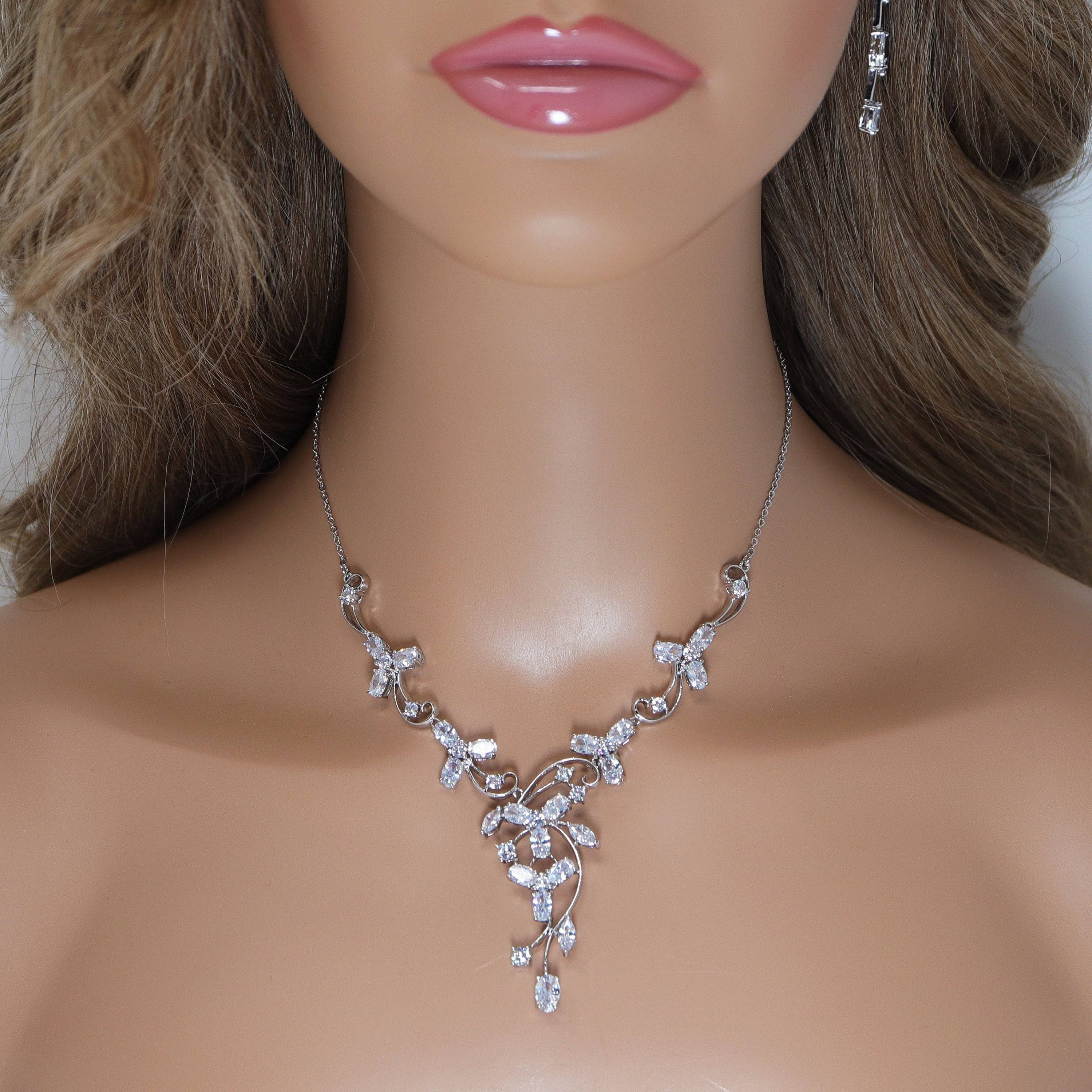 Swarovski Enchanted Vine Leaves Necklace Set - Elegant Long Bridal Jewelry with Statement Earrings & CZ Necklace for Wedding, Party, Anniversary | Perfect Gift for Bride, Bridesmaid, Wife
