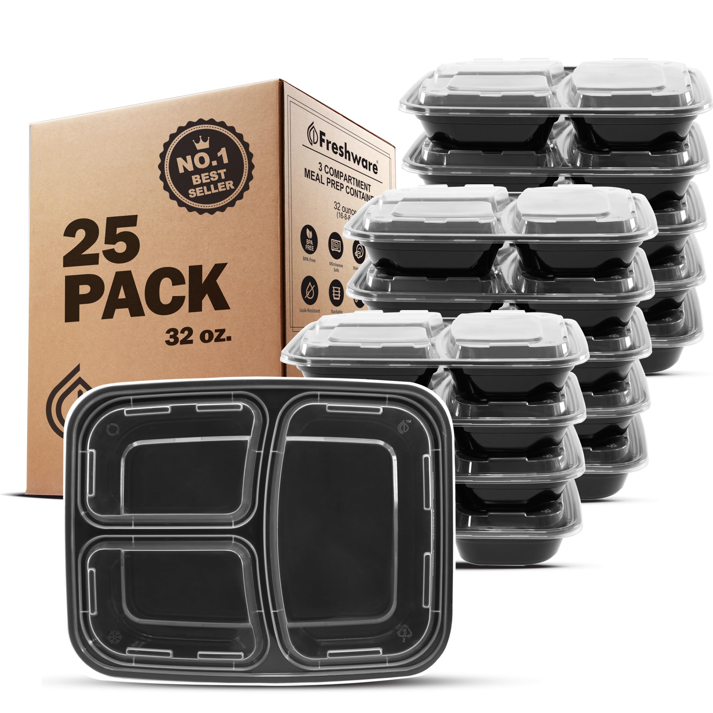 Freshware 25-Pack Meal Prep Containers with Lids - 3 Compartment Bento Box Food Storage Containers, Stackable, Microwave & Dishwasher Safe (32 oz) - Perfect for Meal Prepping, Lunches, Leftovers & Office/School Meals