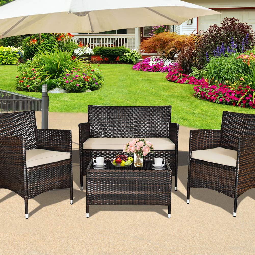4-Piece Outdoor Patio Furniture Set - All-Weather Wicker Sectional Sofa with Rattan Chairs & Glass Coffee Table - Perfect for Backyard, Porch, Poolside, Balcony & Garden Relaxation