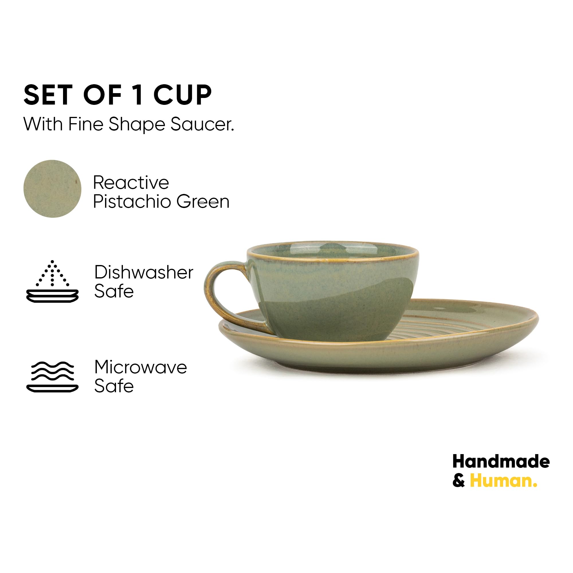 Shay Ceramic Coffee Mug and Saucer Set - 250ml, Pista Green, Glossy Finish, Microwave Safe Porcelain Cup for Coffee, Tea & Hot Drinks - Perfect for Home, Office & Cafe Use