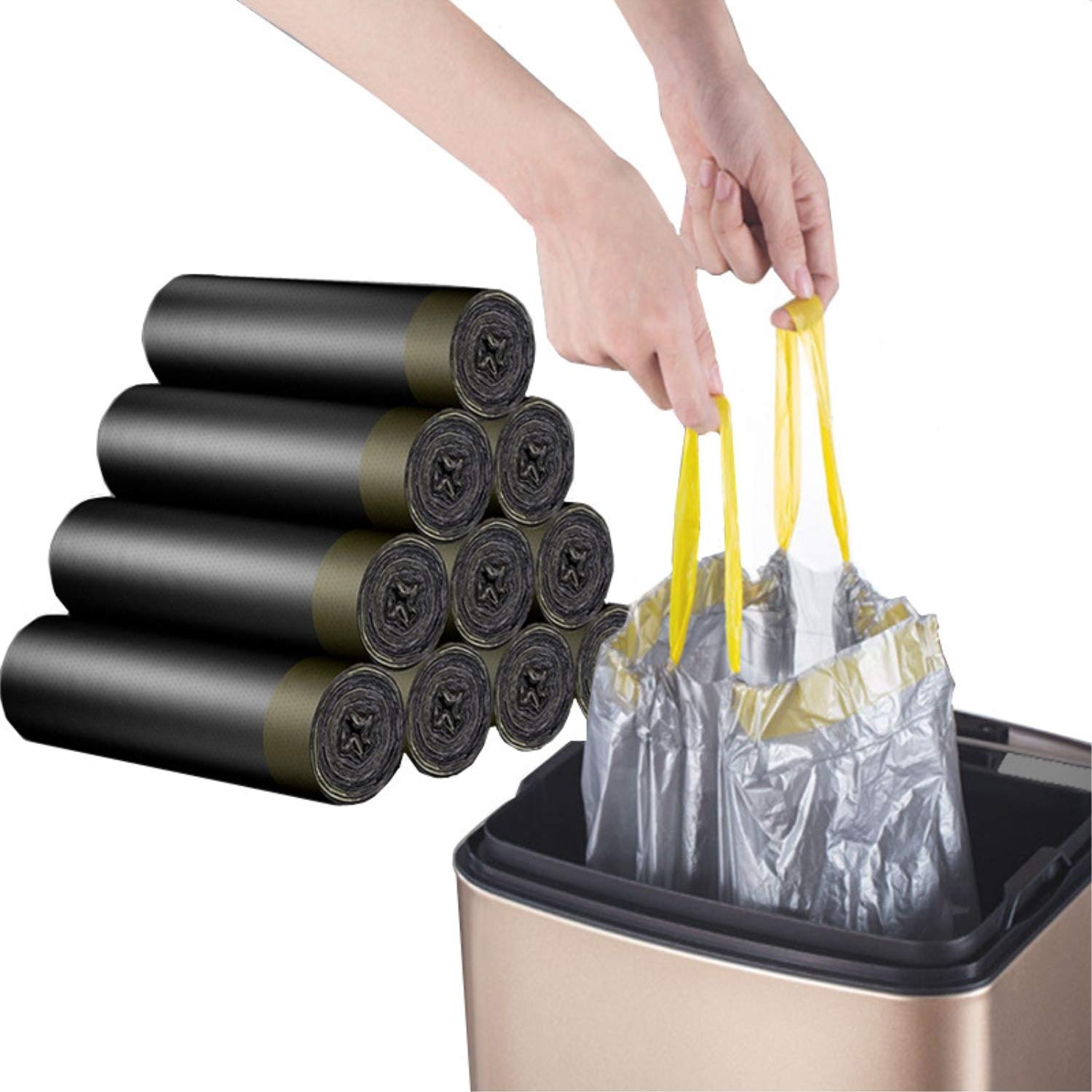 Durable Leak-Proof Drawstring Trash Bags 4-6 Gallon - Strong Wastebasket Liners for Home & Office - 60 Counts/5 Rolls (Black) - Perfect for Kitchen, Bathroom & Office Waste Disposal