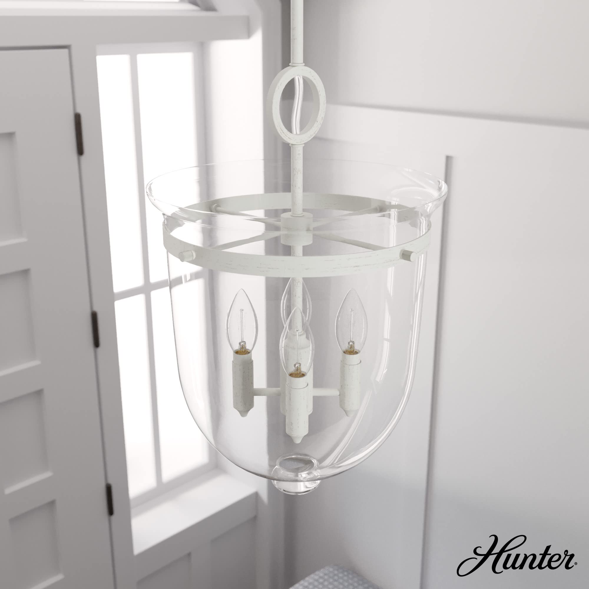 Hunter Fan Company 19314 Belltown Rustic White Pendant Light - Farmhouse Kitchen Island Lighting, Dining Room Chandelier, Bedroom Ceiling Fixture