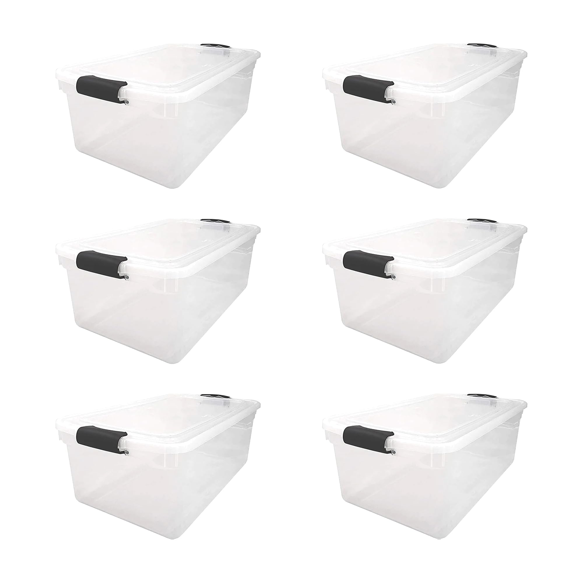 HOMZ 6-Pack 64 Quart Clear Plastic Storage Bins with Secure Gray Latches - Stackable Organizer Containers for Home, Office & Garage Organization