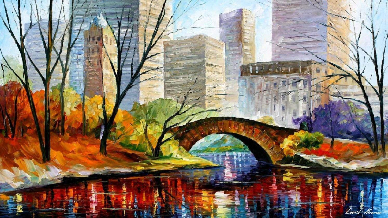 Leonid Afremov New York Central Park Oil Painting on Canvas - Handmade Wall Art for Living Room, Bedroom & Office Decor