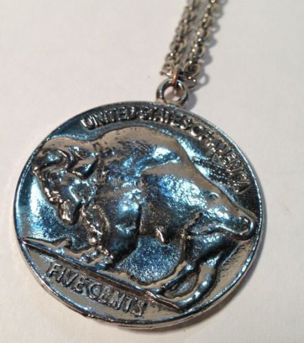 Nickel Plated Necklace with Bullshead Five Cents Pendant - Vintage Coin Jewelry for Men & Women - Perfect for Casual Wear, Gift Giving, and Coin Collector Fashion