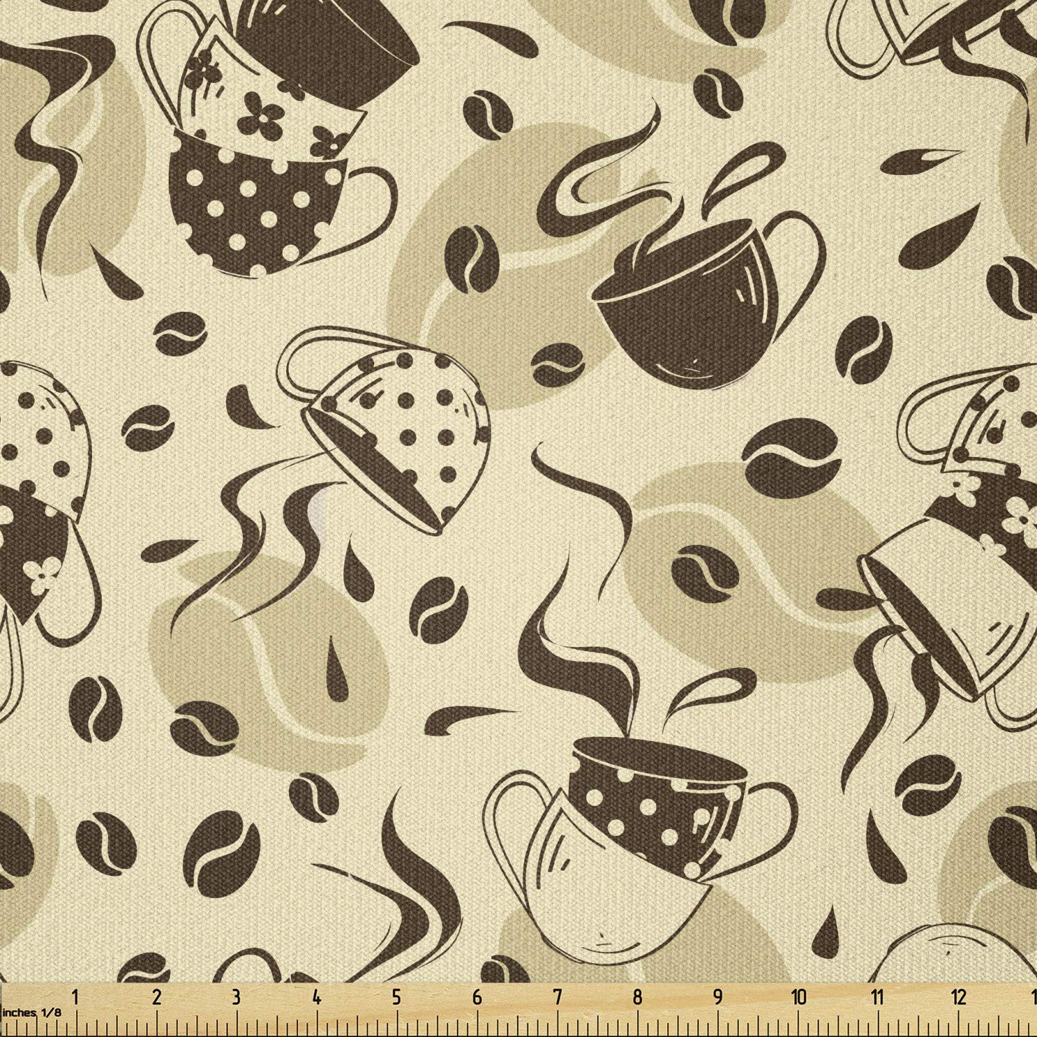 Ambesonne Modern Coffee Cup Fabric by The Yard - Polka Dots & Roasted Beans Design, Stretch Knit Material for DIY Clothing, Sewing & Arts Crafts (10 Yards, Cream/Brown) - Perfect for Aprons, Tote Bags & Home Decor Projects