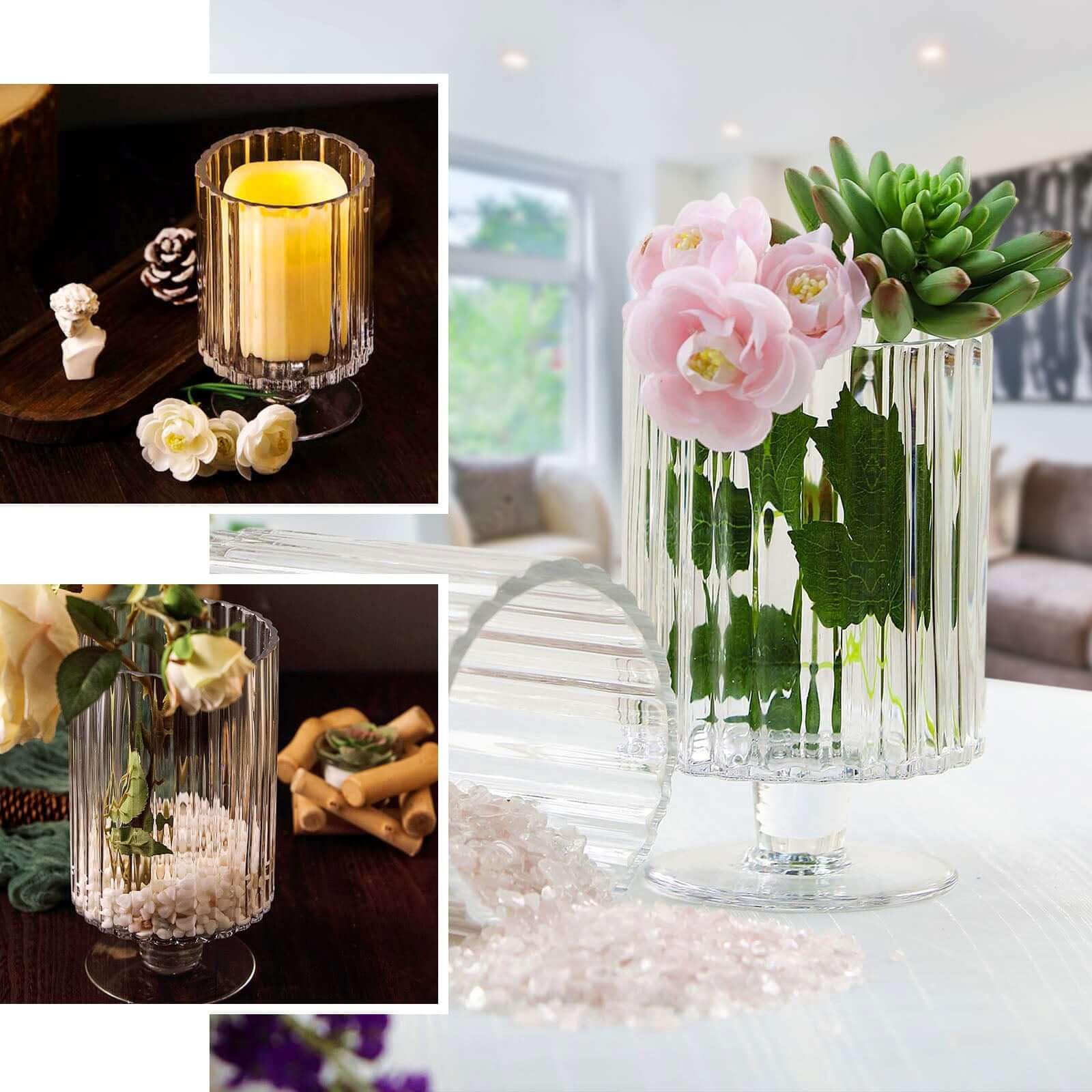 Efavormart 2 Pack 9 Inch Ribbed Glass Vases - Heavy Duty Clear Pedestal Candle Holders with Ridges for Wedding Centerpieces, Home Decor, and Party Decorations