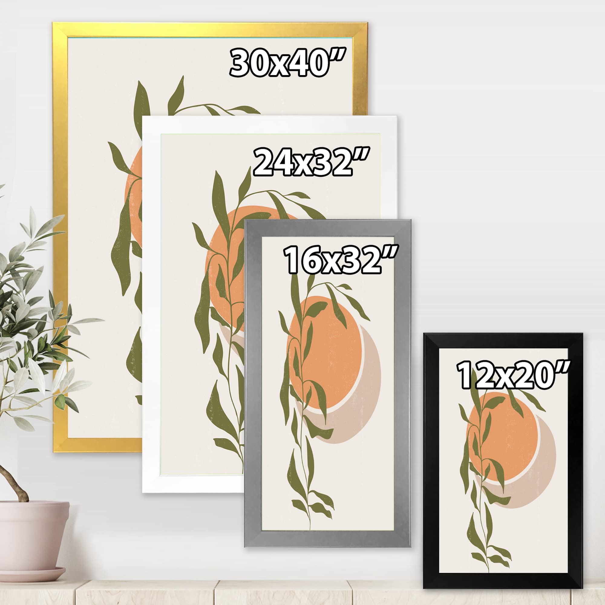 Abstract Orange Sun and Moon Tropical Leaf Modern Framed Wall Art - Home & Office Decor for Living Room, Bedroom, or Gift